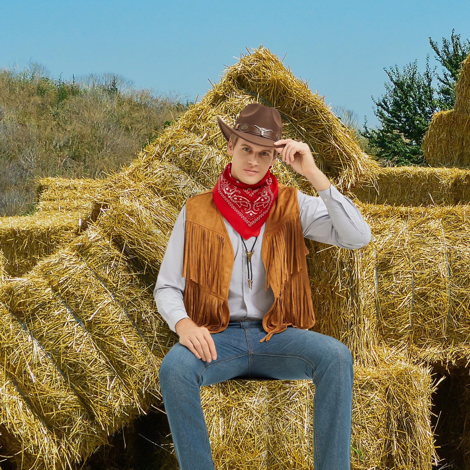 Disfraz de Vaquero para Hombres Cosplay Cowboy Chaleco con Flecos Sombrero Pañuelo Collar para el Carnaval Disfraces Hippie para Adultos