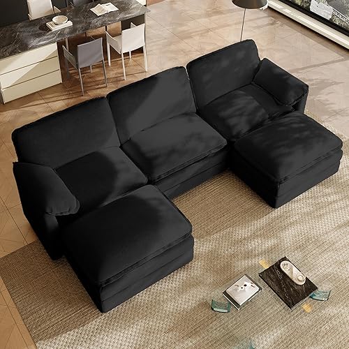 114" U Shaped Cloud Couch Sectionals Comfy Black Sectional Couches for Living Room Modern Oversized Modular Sofas with Ottoman, Fluffy Chenille Large Big 5 Seat Sofa Set