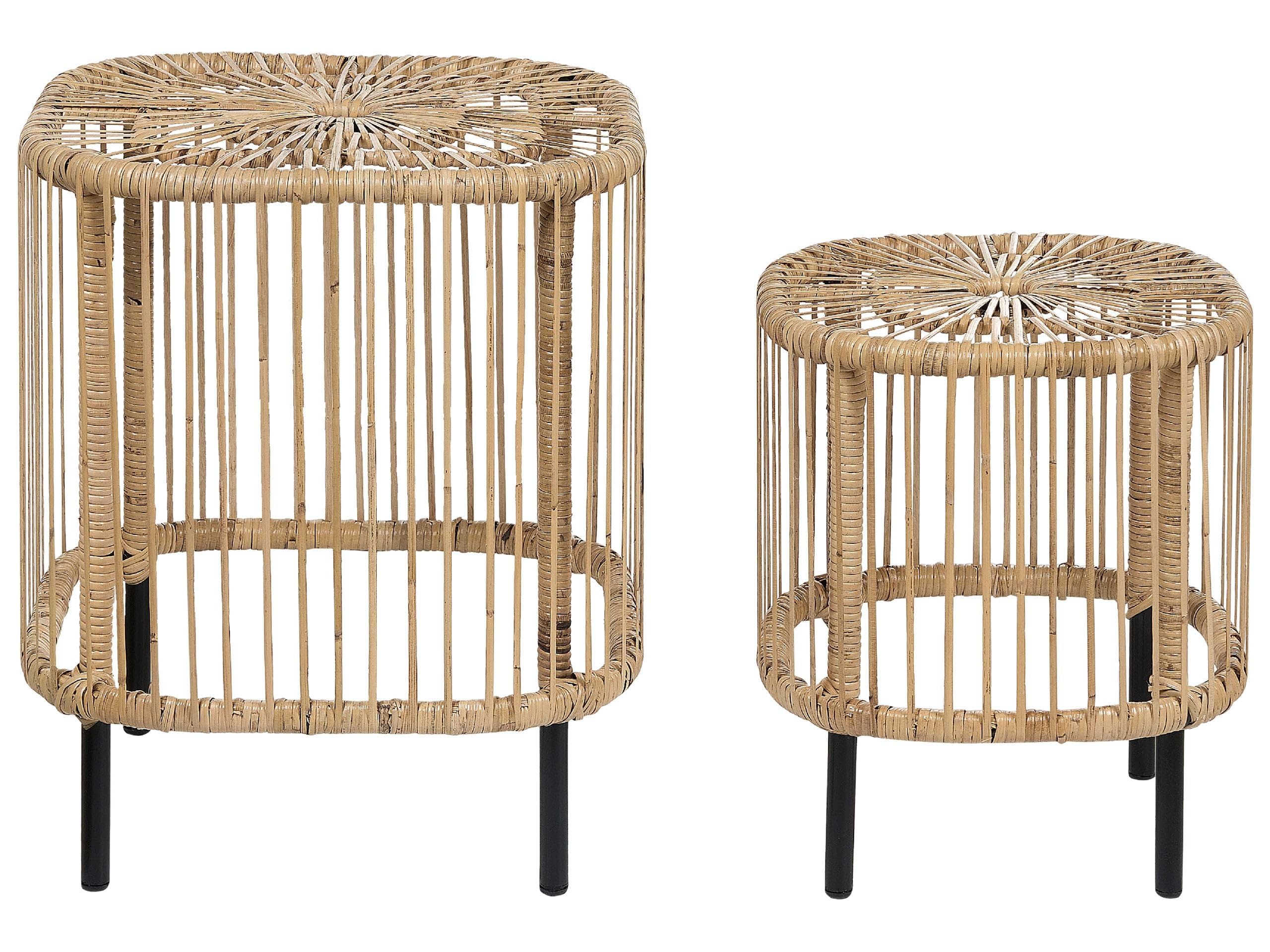 Zestaw dwóch stolików kawowych ogrodowych rattanowy metalowe żelazne nóżki boho naturalny Cesantica