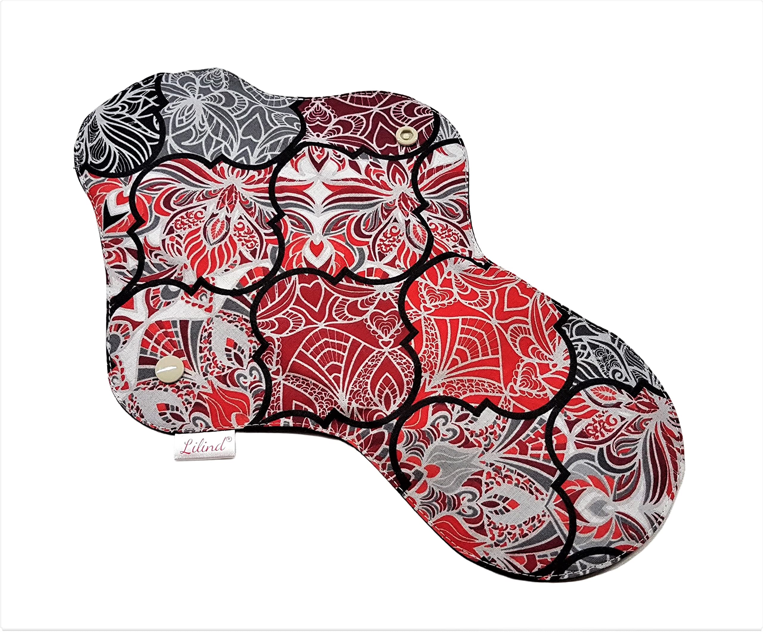Lilind 6 Stück 30 cm schwarze Bio-Stoffeinlagen, Starter-Set, wiederverwendbare wasserdichte Menstruations-Damenbinden, 100 % Baumwolle, rote Pfingstrosen