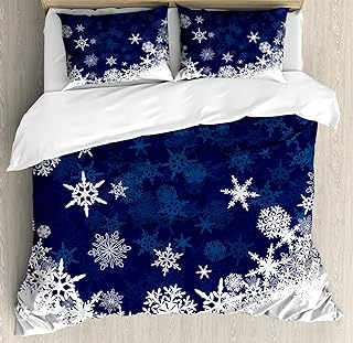 Lunarable Snowflake Duvet Cover Set, Winter Theme Christmas Illustration Cold Weather Season Inspired Celebration, Decorative 3 Piece Bedding Set with 2 Pillow Shams, King Size, Indigo White