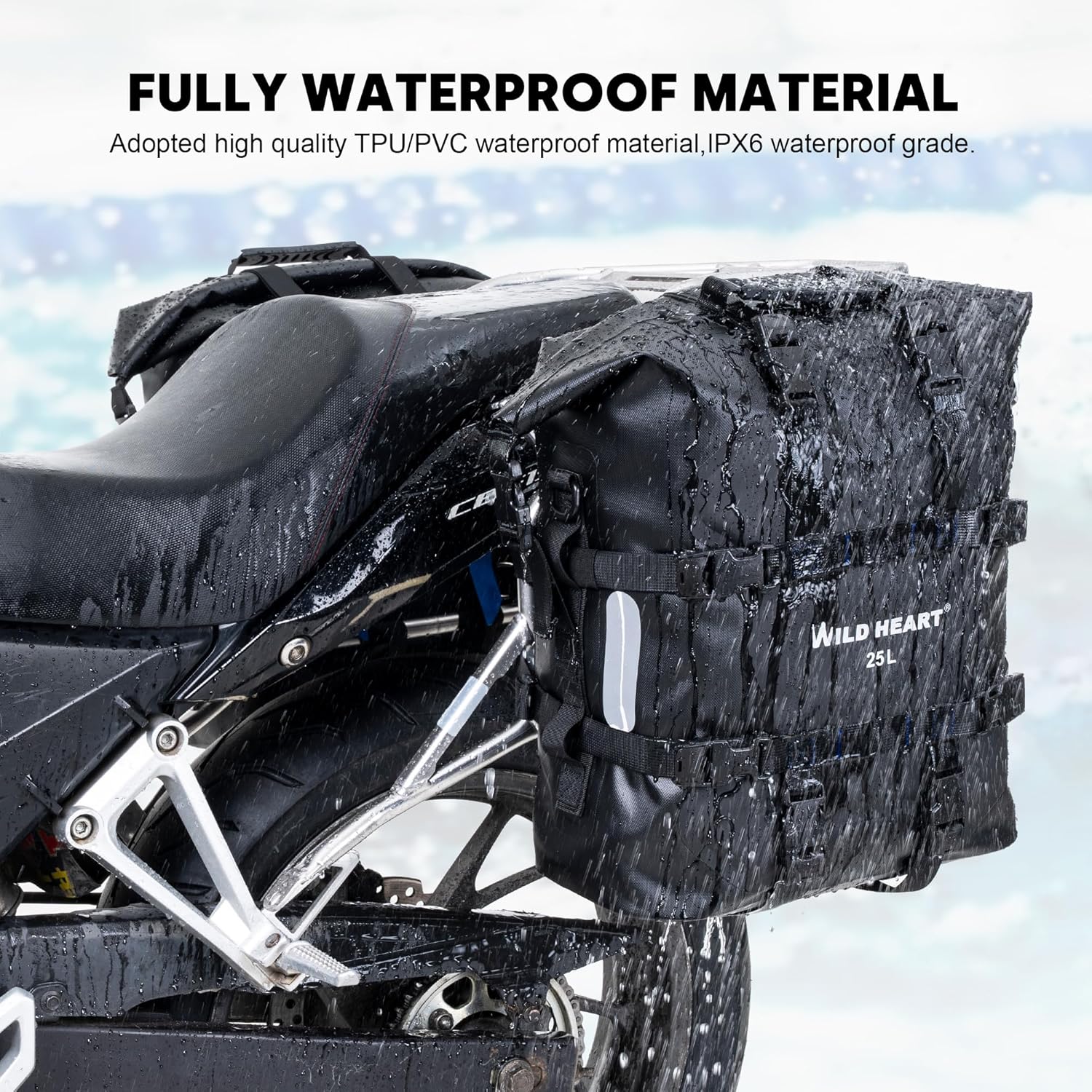 WILD HEART Motorcycle side bag stainless steel suspension waterproof bag Saddlebags 20L/25L waterproof Pianner Bag wear-resistant general-purpose Bike accessories (Black TPU, 25L One Pack)