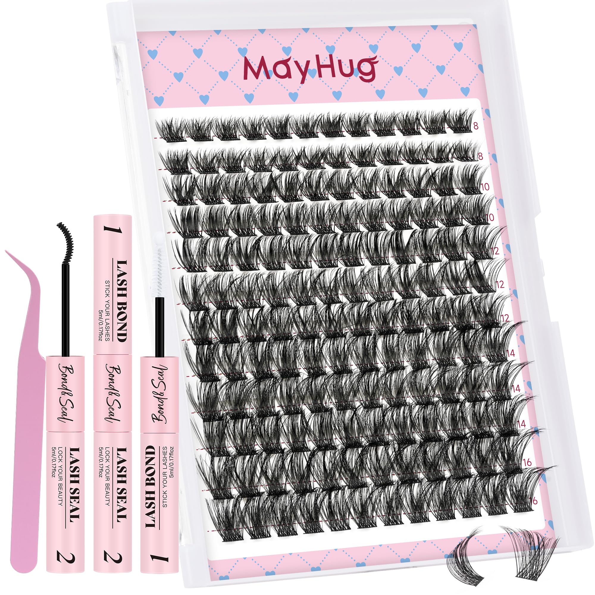 Mayhug Lash Clusters Wispy Cluster Lashes Kit 8-16mm Lash Extension Kit Natural Eyelash Extensions with Lash Bond and Seal Soft Thin Band (TrueFlick)