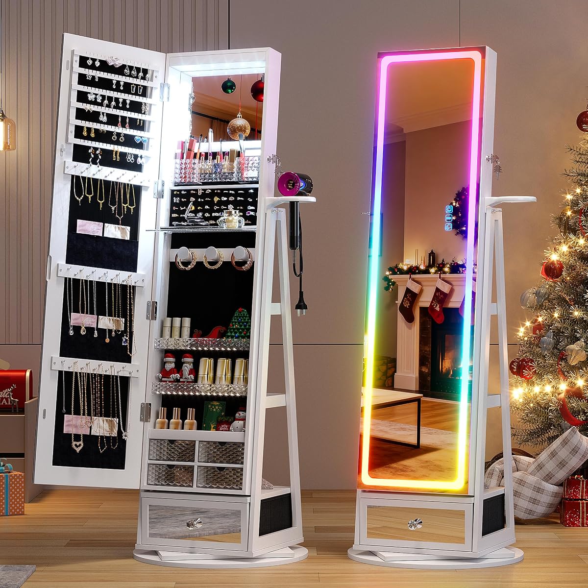 HWB Jewelry Cabinet with LED Mirror, 360° Swivel & Remote Control, White | Remote-controlled RGB LED Lighting, Spacious Storage with Shelves and Drawer