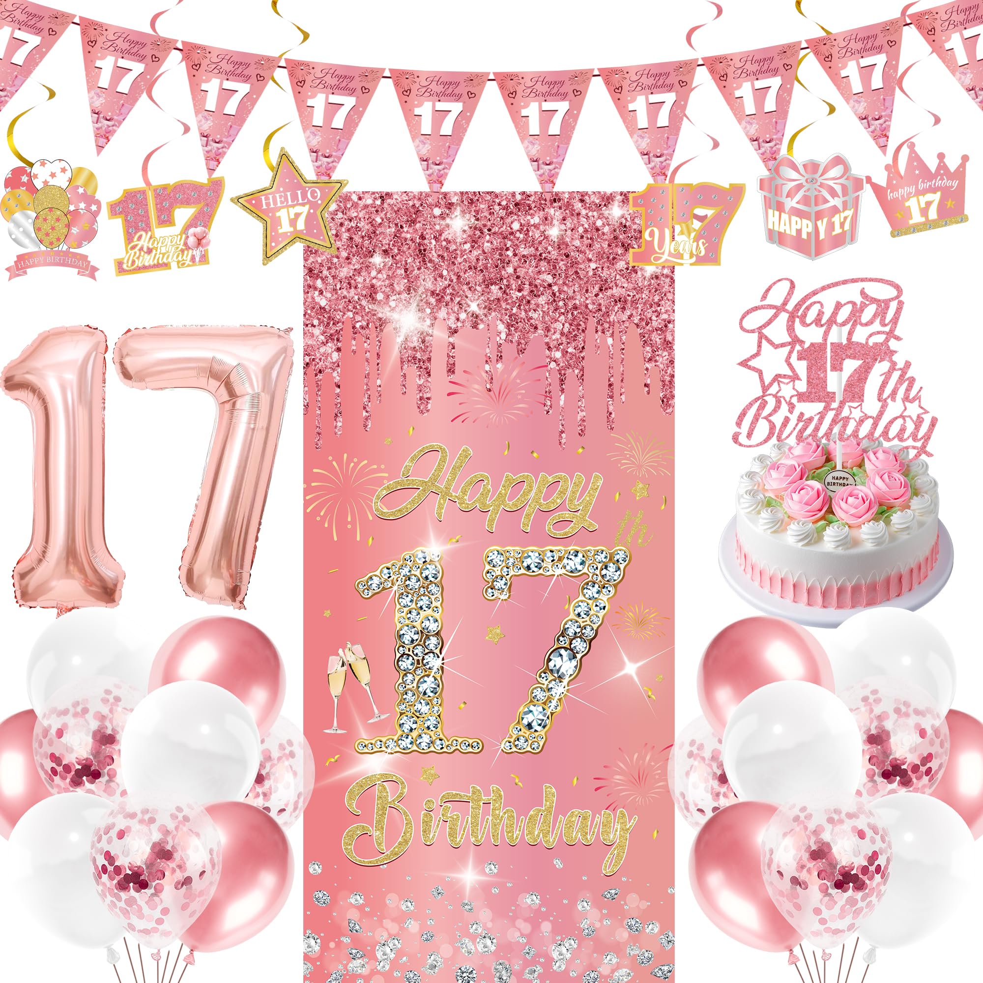 17th Birthday Decorations Balloons Girls - 29 Pcs Rose Gold Triangle Banner Hanging Swirls Backdrop Glitter Cake Topper Number 17 Foil Balloon for Her Girl 17 Years Old Happy Birthday Party Supplies