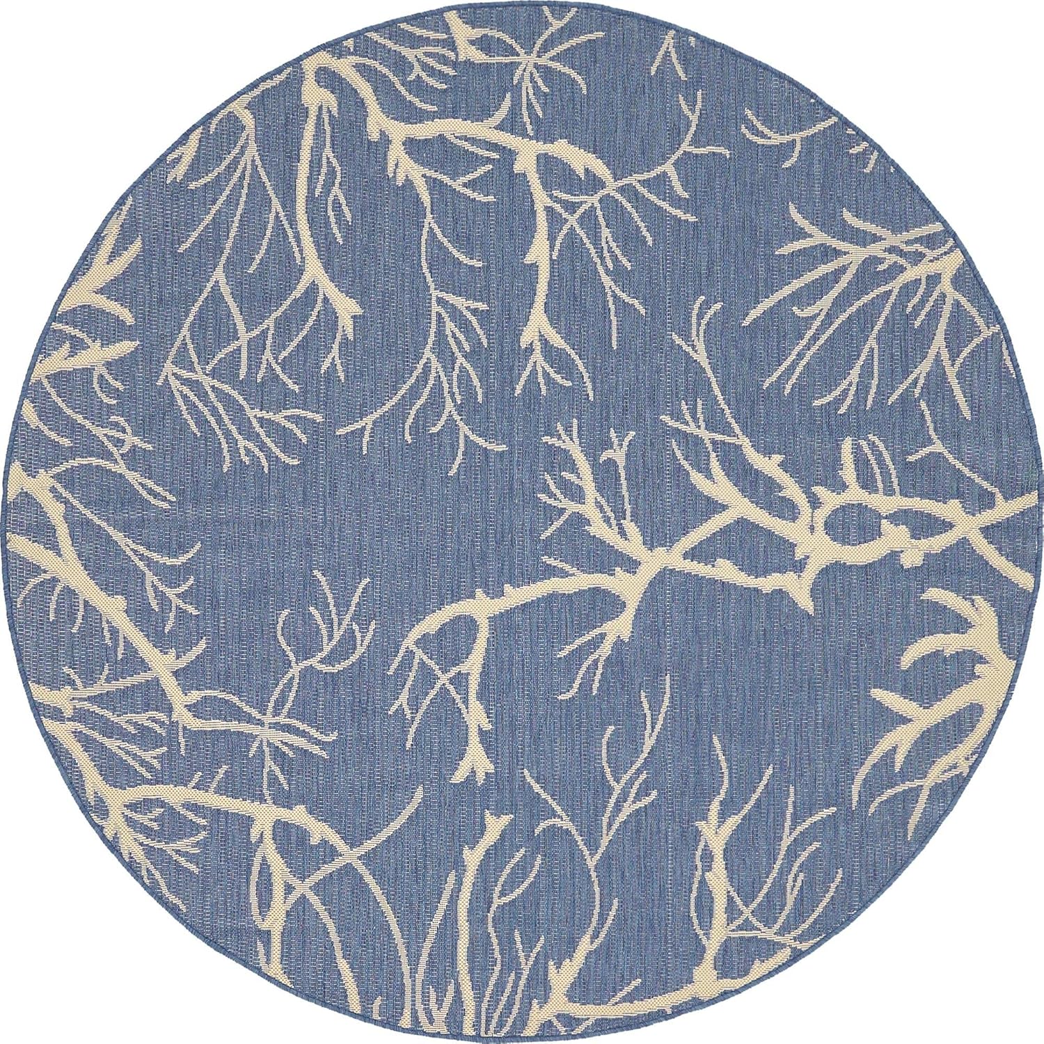 Rugs.com Outdoor Botanical Collection Rug – 6' Round Blue Flatweave Rug Perfect for Kitchens, Dining Rooms