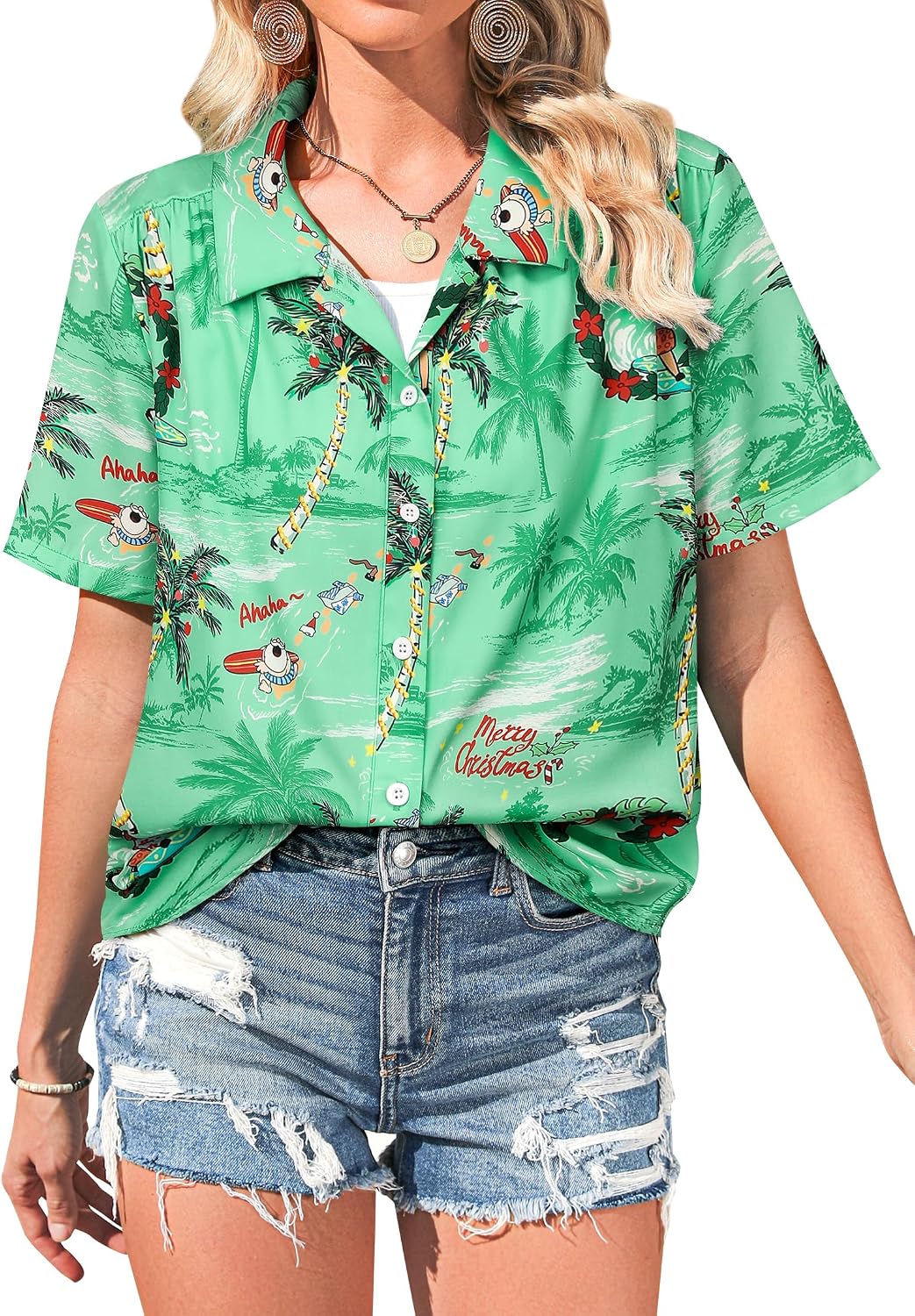 Womens Christmas Hawaiian Shirt Short Sleeve Button Down Shirts Funny Xmas Loose Holiday Blouses Tops Green Xmas XL