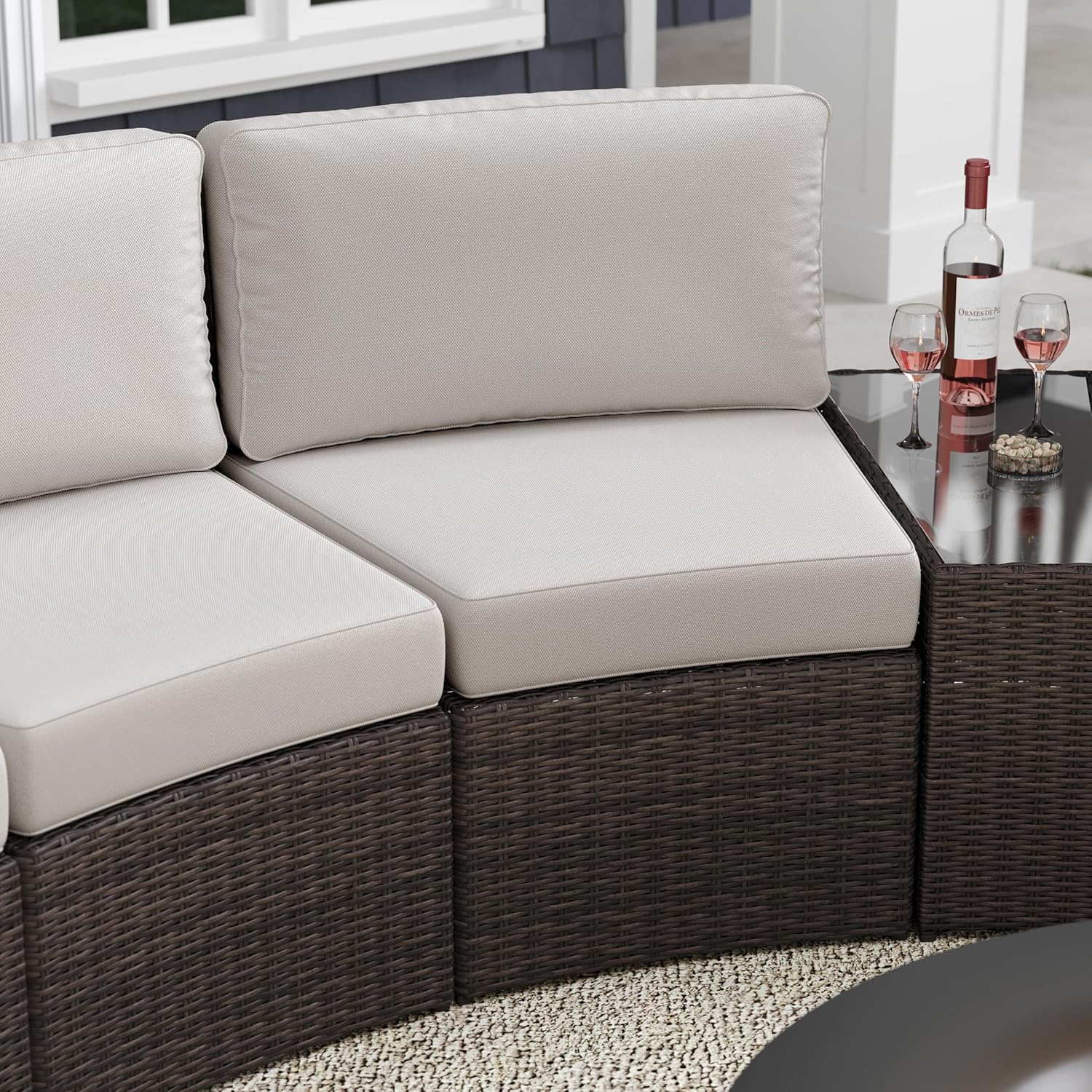 Martha Stewart Bedford Indoor-Outdoor Modular Patio Curved Sectional Sofa Seat with Rattan Wicker Finish in Brown with Tan All-Weather Cushions