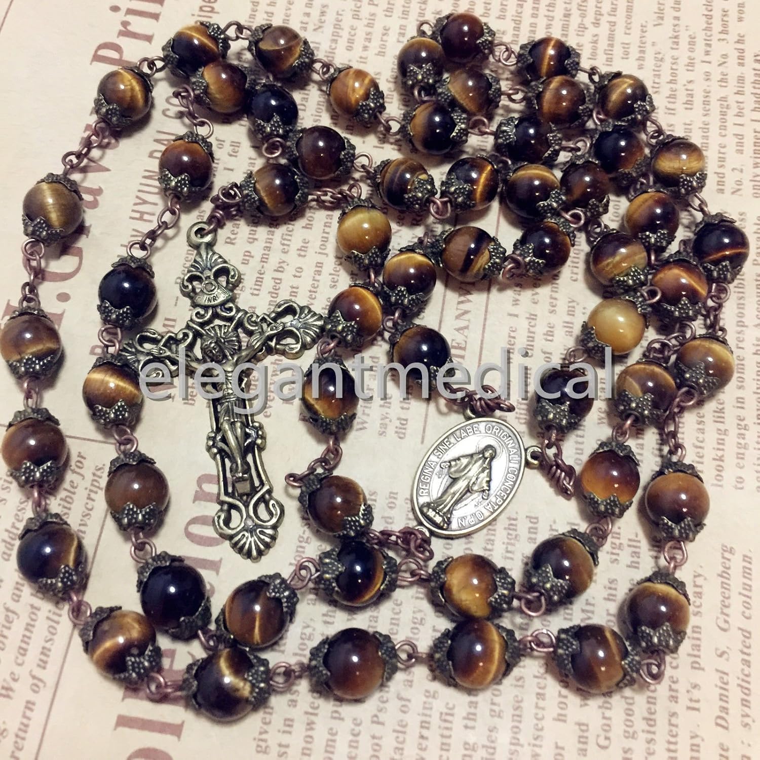 elegantmedical HANDMADE Tiger Eye Beads 5 DECADE ROSARY Bronze CROSS CATHOLIC NECKLACE GIFT - Image 2
