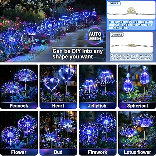 Miniatura 3 de Anordsem Luces solares decorativas para exteriores alambre de cobre flexible con 120 cuentas LED de fuegos artificiales, impermeables, 2 modos de
