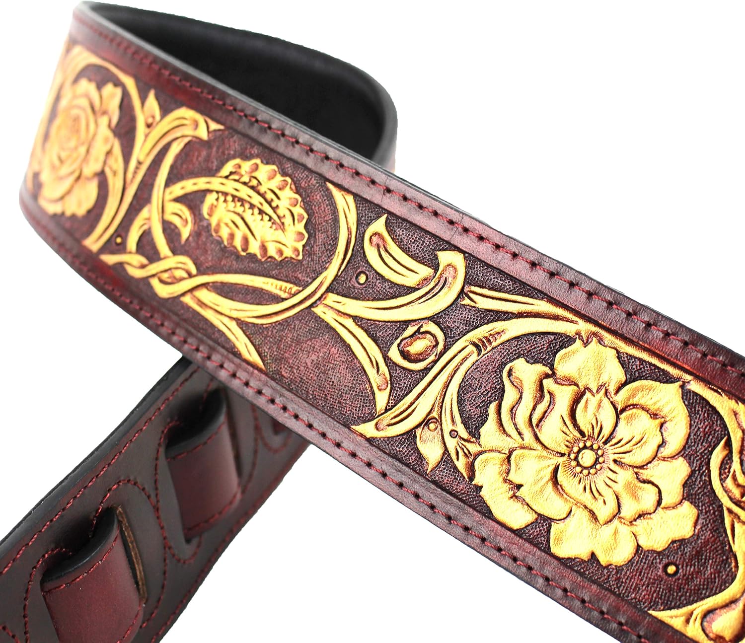 Walker And Williams LHR-18 Garnet Red Premium Thick Leather Guitar Strap With Bright Gold Floral Carving For Acoustic, Electric, And Bass Guitars