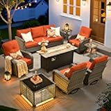 ovios 9 Pieces Patio Furniture Set, Outdoor Wicker Sofa Couch with Rocking Swivel Chairs Fire Pit Table, Modern Deep Seat Rattan Conversation Sets for Deck Porch, Orange Red