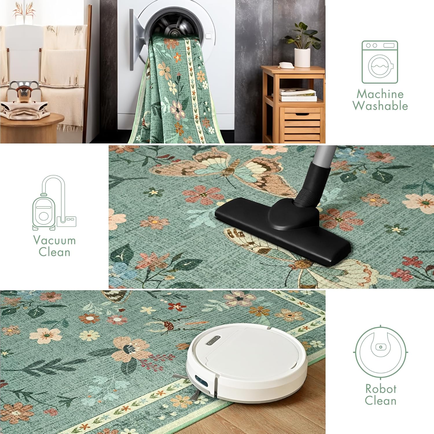 Tepook 4x6 Print Area Rugs for Living Room, Washable Non-Slip Butterfly Floral Rug for Bedroom, Low Pile Modern Rugs Throw Carpet with Rubber Backing for Dining Room Kitchen Office, Light Green