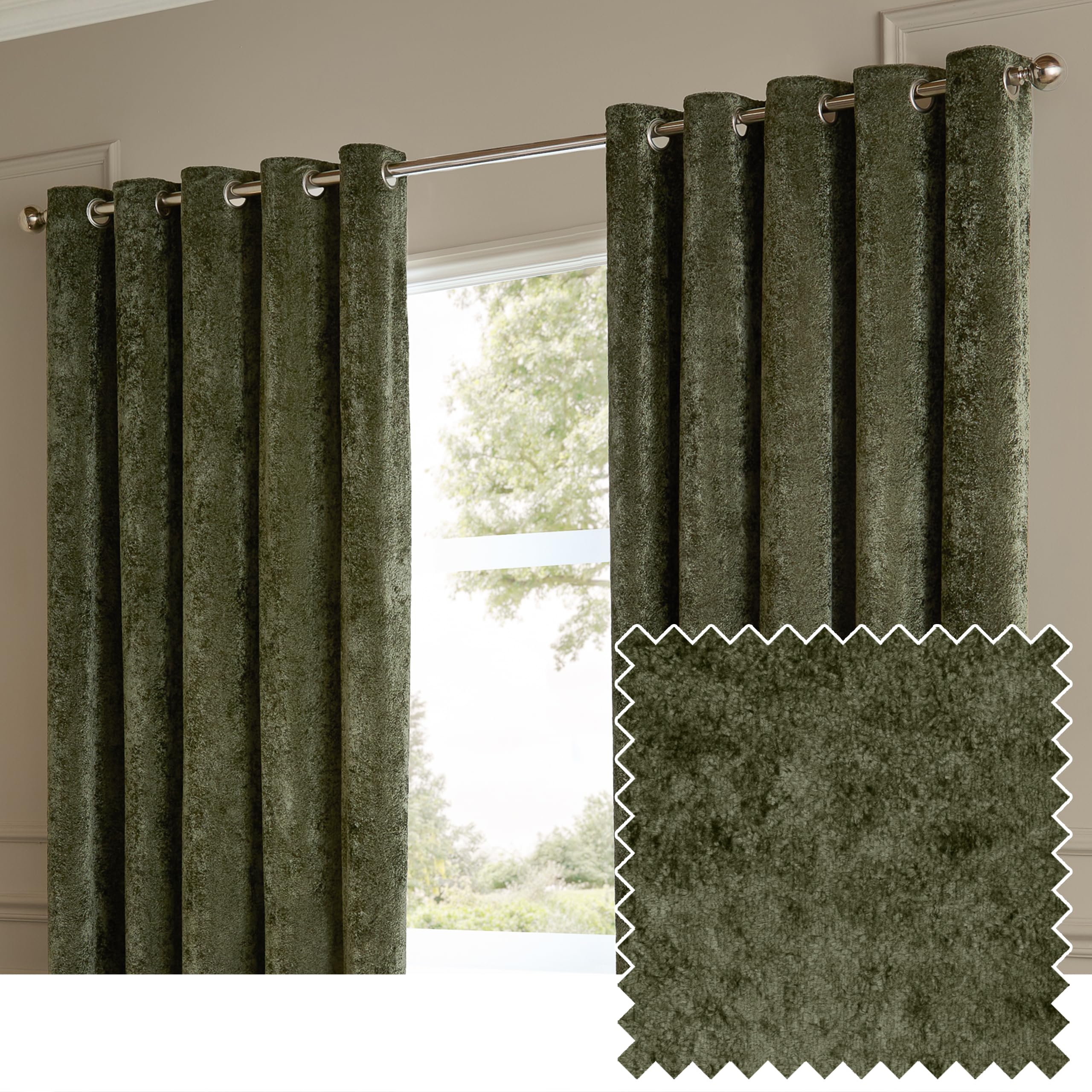 Paoletti Unisex Green Lustre Velvet Fully Lined Eyelet Curtain Pair In | Size: 168Cm Width X 183Cm Drop