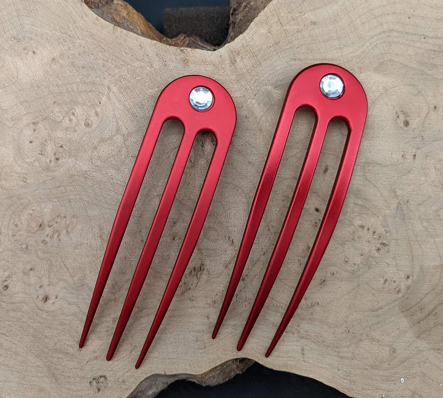 (2) Anodized Aluminum Matte Finished 3 Prong Hair Fork 4.9 inch Curved Unbreakable Waterproof, FPL of 4 inches (Red)