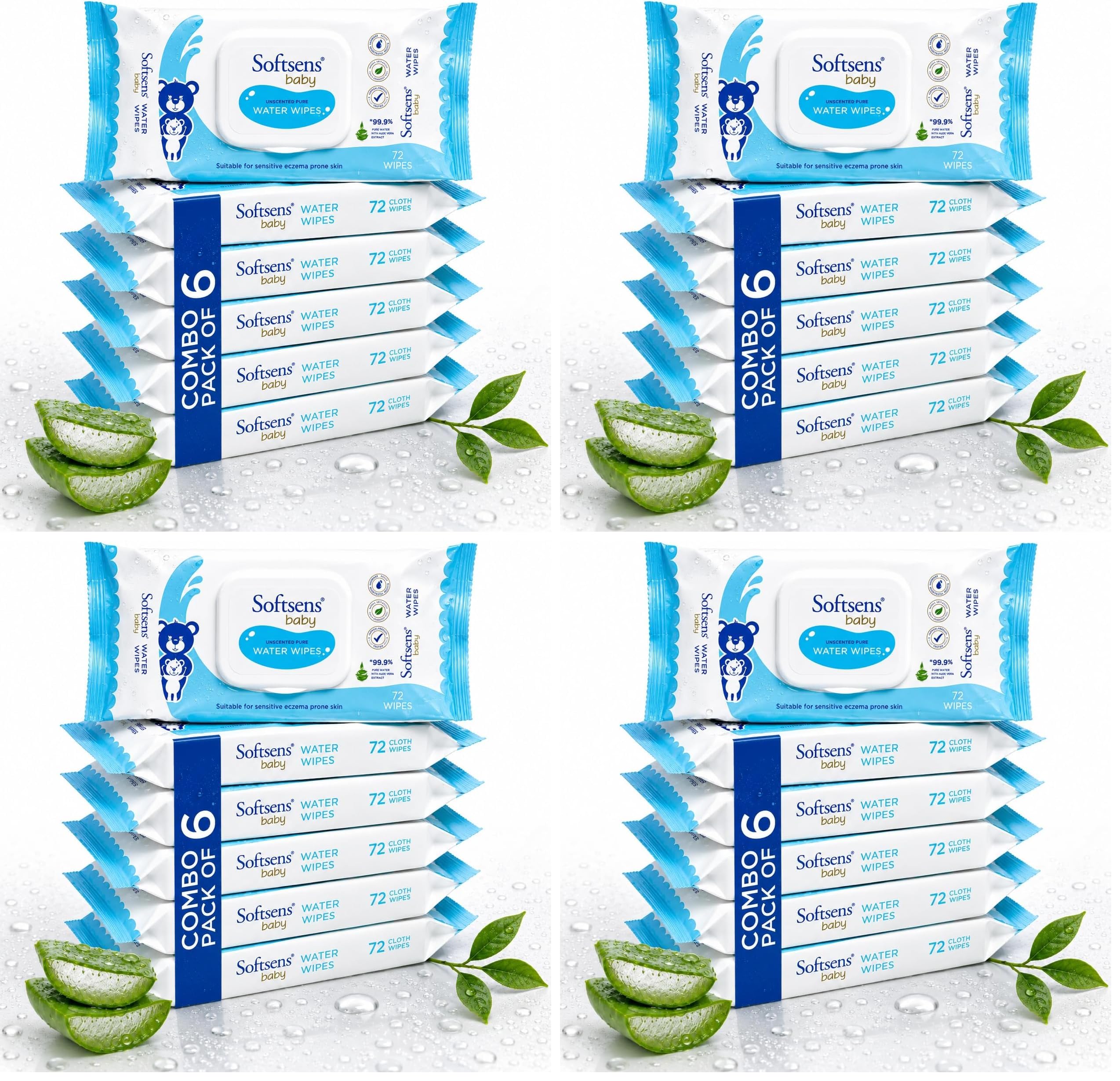 Softsens Baby 99.9% Pure Water Wipes | Pure Aloe Vera Extract with Lid Wipes For Babies (Pack of 24)-image-37