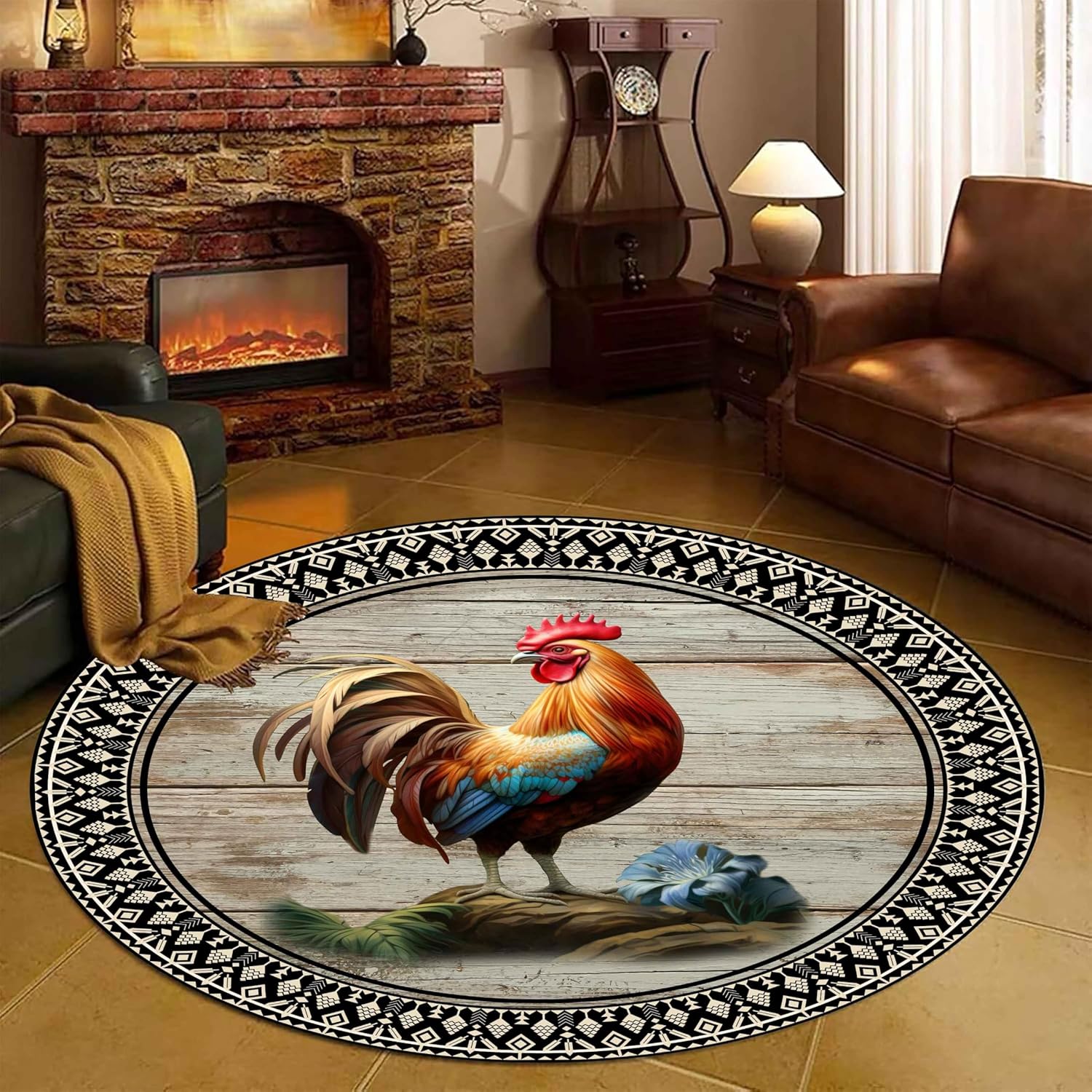 Rustic Rooster Round Rug, 6ft Country Farmhouse Cottage Chicken Pattern Washable Rug, Wood Grain Print Kitchen Living Room Home Decor Rug, Non-Slip Indoor Rug for High Traffic Areas