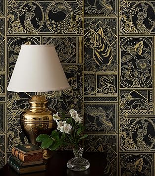 Erfoni 78.7"x17.7" Retro Peel and Stick Wallpaper Black and Gold Wallpaper Animals Stick and Peel Contact Paper Self Adhesive Wallpaper Removable Waterproof Wallpaper for Countertop Cabinets...