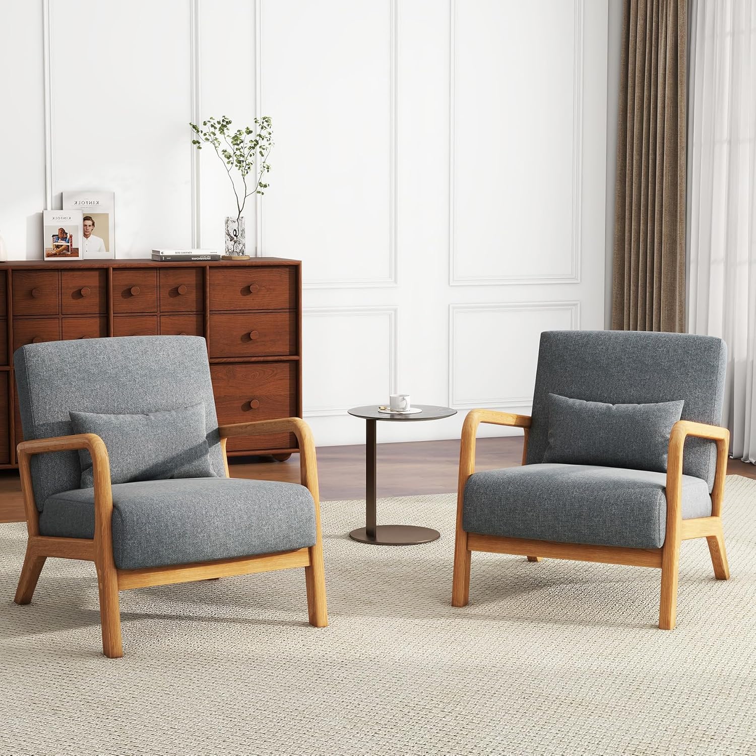 UIXE Modern Accent Chairs, Fabric Upholstered Armchair with Lumbar Pillow for Living Room, Comfy Wooden Arm Chair Single Sofa Bedroom Reading Seat - Gray, Set of 2