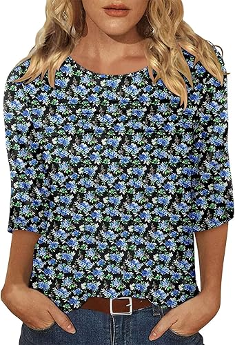 KISSMODA Women's Casual 3/4 Sleeve T-Shirts Round Neck Cute Tunic Tops Basic/Pleated Summer Tops Trendy Spring Blouses