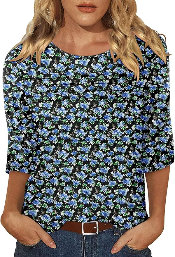 KISSMODA Women's Casual 3/4 Sleeve T-Shirts Round Neck Cute Tunic Tops Basic/Pleated Summer Tops Trendy Spring Blouses