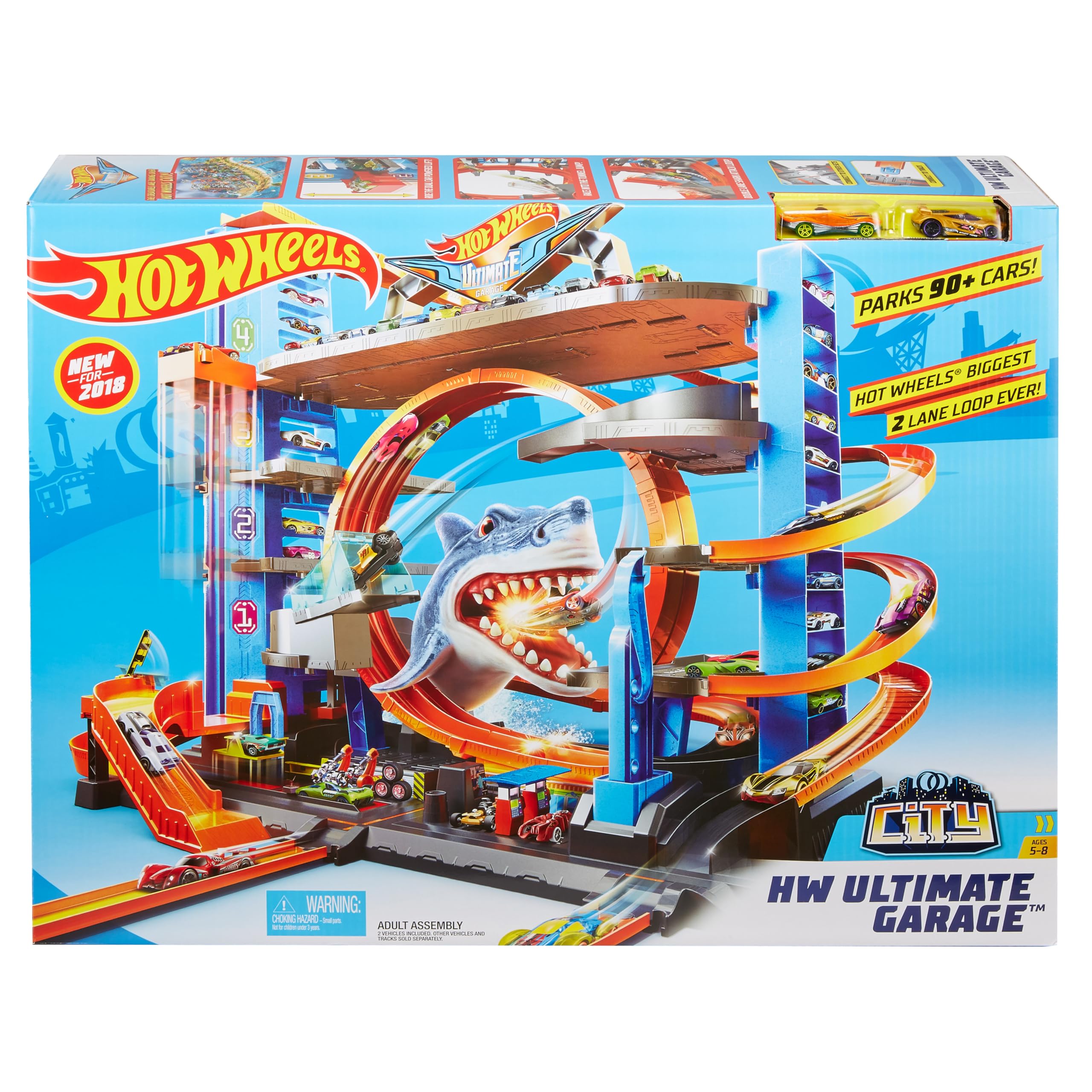 Hot Wheels City Garage delle Acrobazie, Playset con Pista Collegabile, Con Ascensore e Squalo, Spazio per +90 Macchinine, Regalo Bambini 5+ Anni, FTB69
