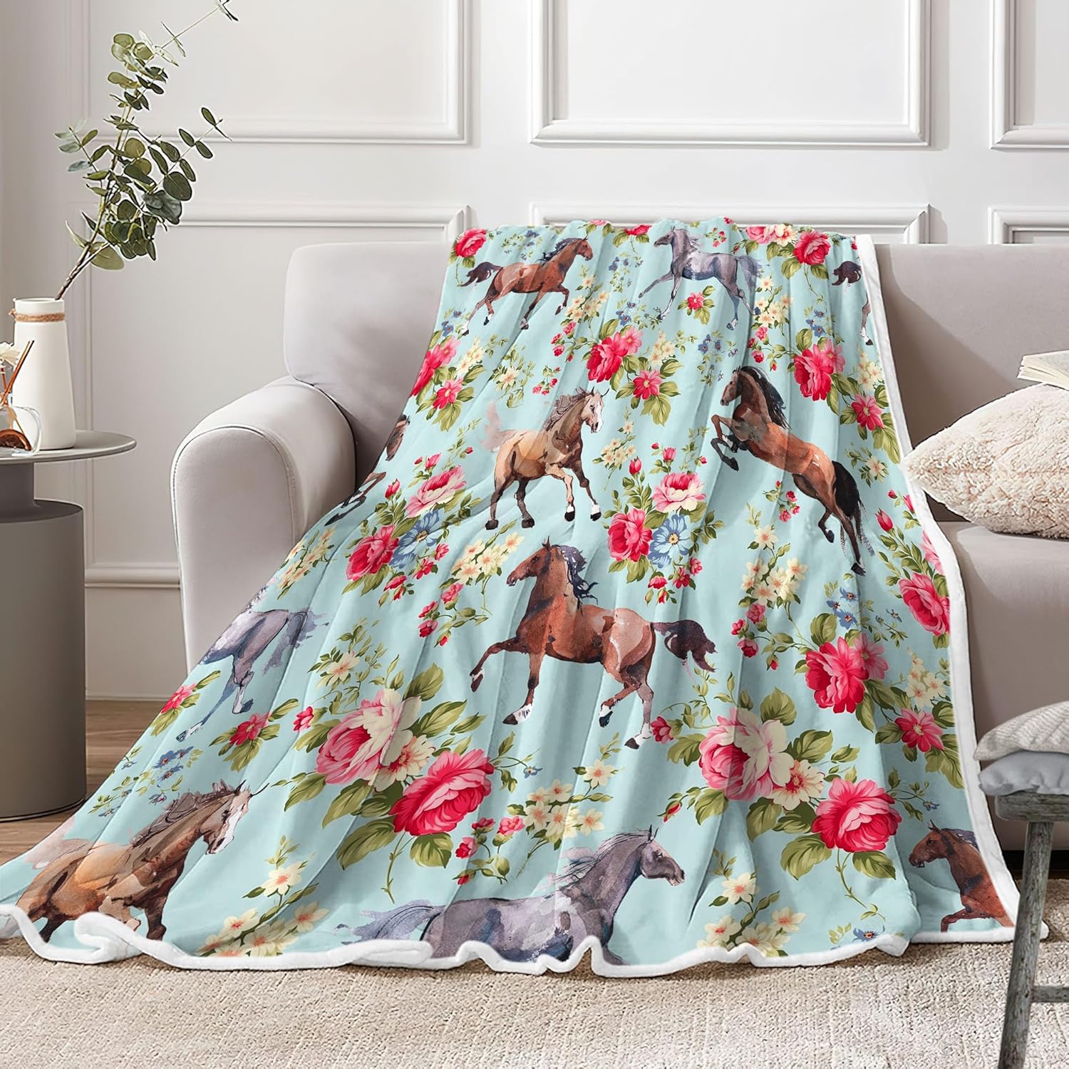 Horse Blanket, Horses Flowers Pattern Blankets for Girls Boys Kids Adults, Cozy Soft Flannel Horse Throws Blankets for Horse Lovers Decor Bed Couch Living Room Sofa, 60X80IN