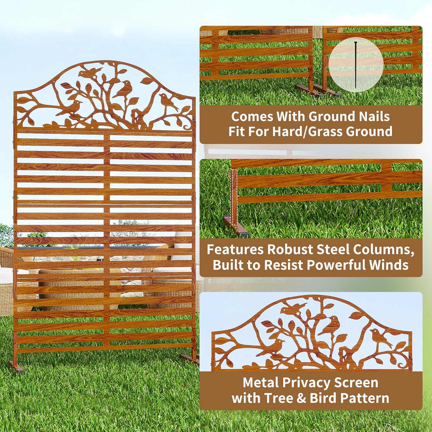 Metal Outdoor Privacy Screen, 74" H x 45" W Freestanding Privacy Panels with Tree Bird Design, Weatherproof Decorative Fences for Outside,Porch,Balcony (Brown, 2 pcs)