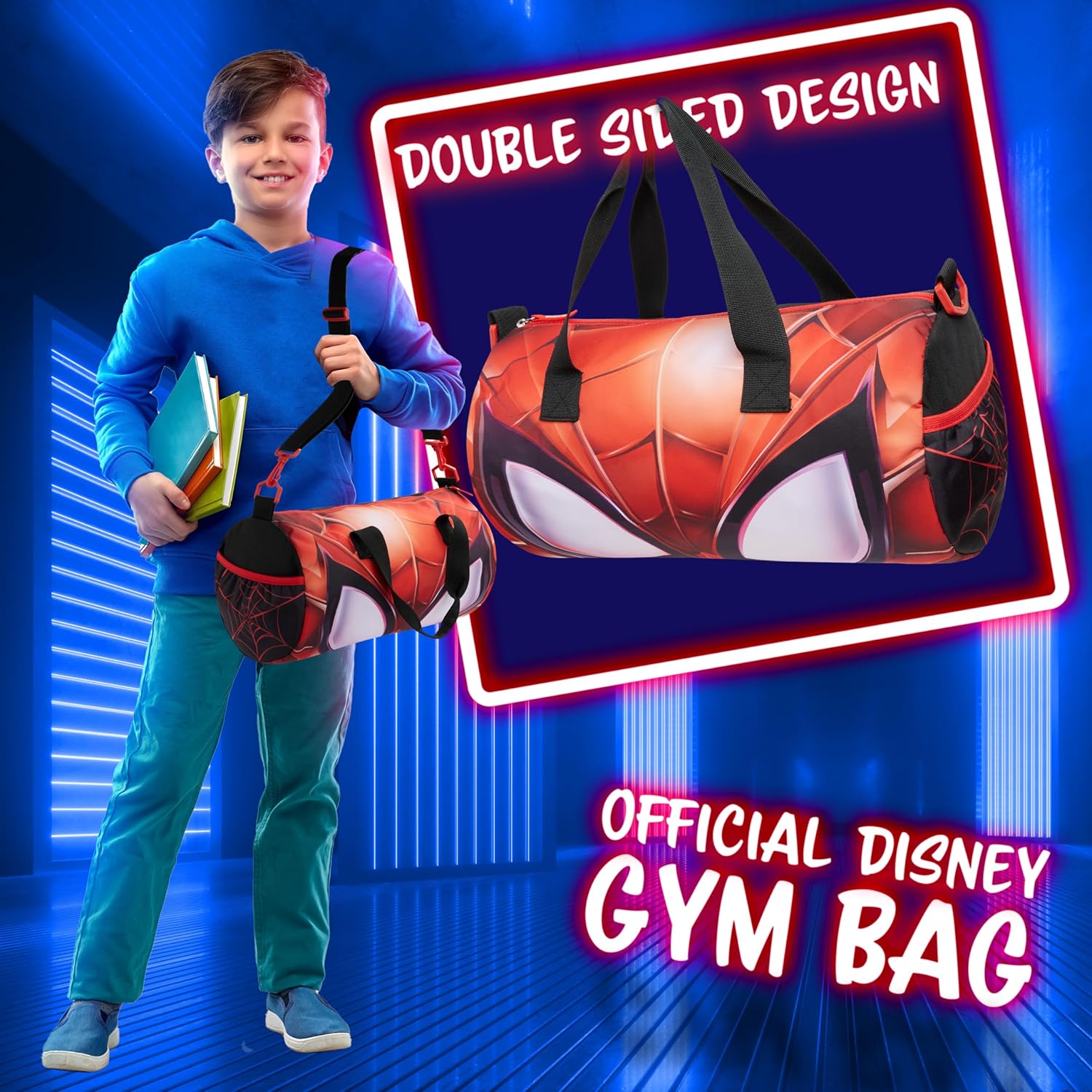 Disney Sports Duffel Bag, 15 x 7 x 7" Holdall 2 Pockets Adjustable Strap (Black/Red Spiderman) - Image 3