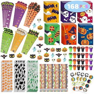 SpringFlower 168pcs Halloween Party Favors For Kids, Halloween Stationery set , Halloween Goody Bag Fillers including Pencil, Eraser, Ruler, Notepad, Stamper, Sticker For Trick or Treat