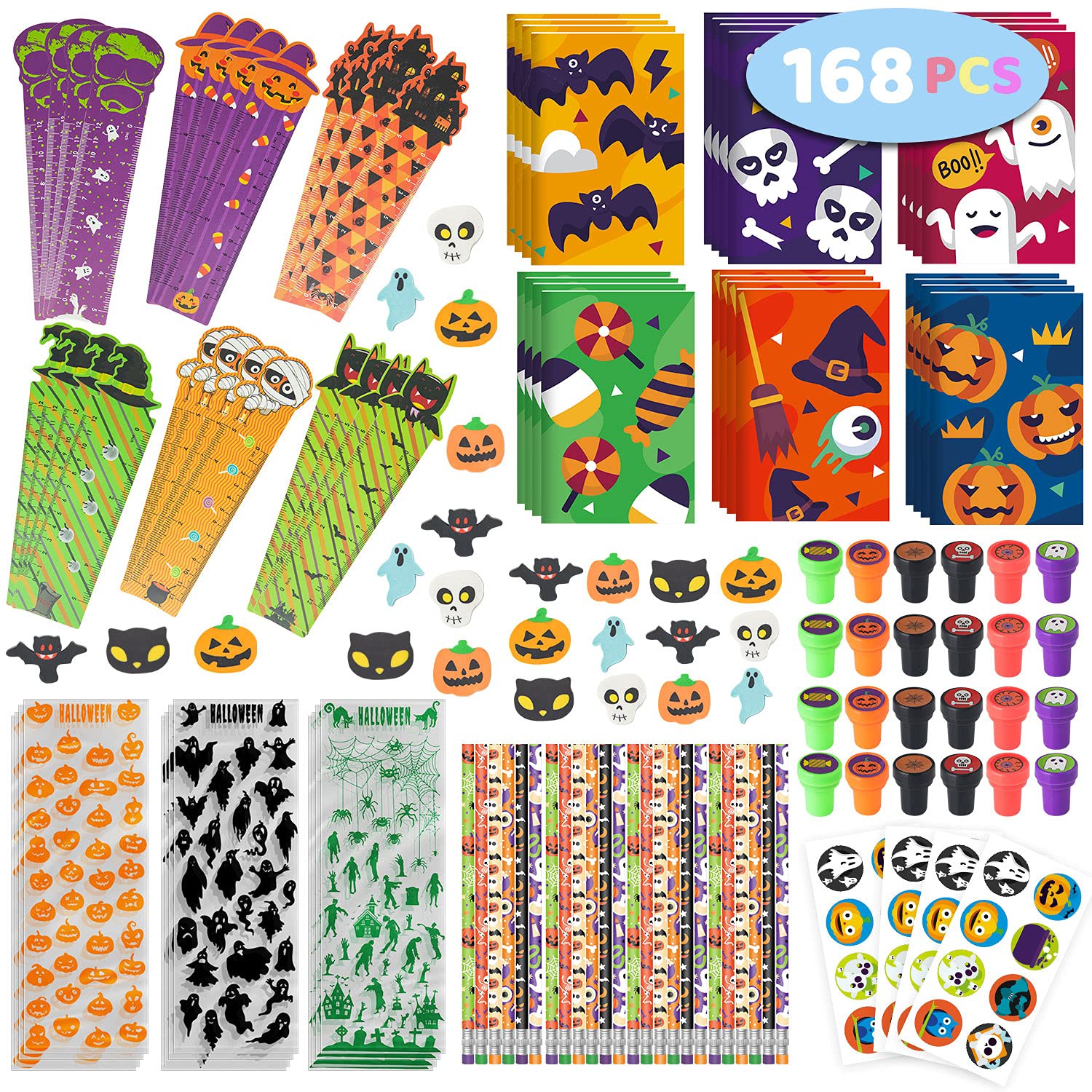 Springflower 168pcs Halloween Stationery Set for kids, Halloween Party Favors set, Halloween Stationery gift kit, Halloween Goody Bag Fillers including Pencil, Eraser, Ruler, Notepad, Stamper, Sticker