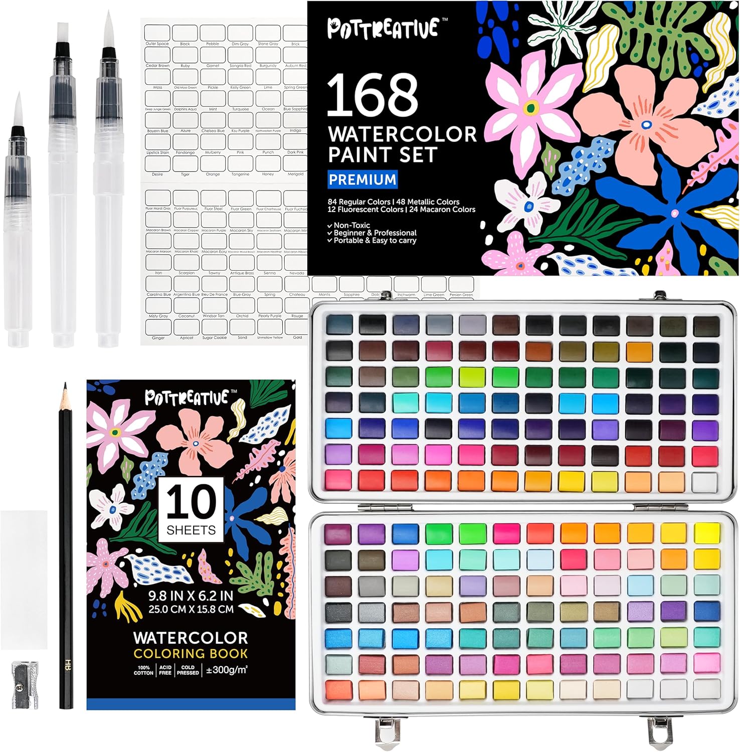 168 Colors Watercolor Paint Set - Vibrant Pigments in Portable Metal Case with 3 Brushes, Non-Toxic Travel-Friendly Painting Kit for Professional Artists/Students/Beginners