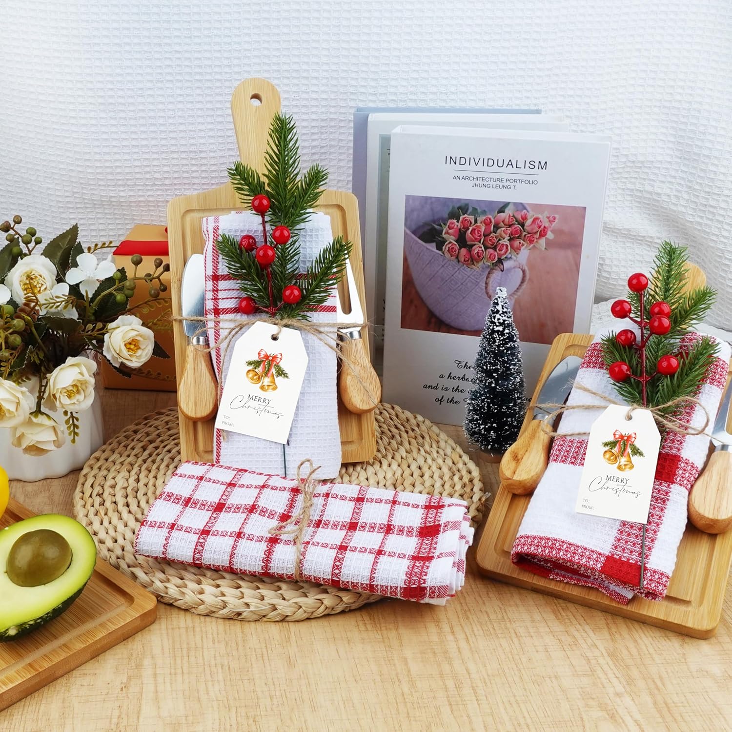 6 Set Christmas Cutting Board Bulk-Christmas Kitchen Gift Set Wooden Cheese Charcuterie Board Kit with Tea Towels Cheese Knife Set Red Berry Housewarming Gifts for Neighbor Xmas Holiday Party Decor