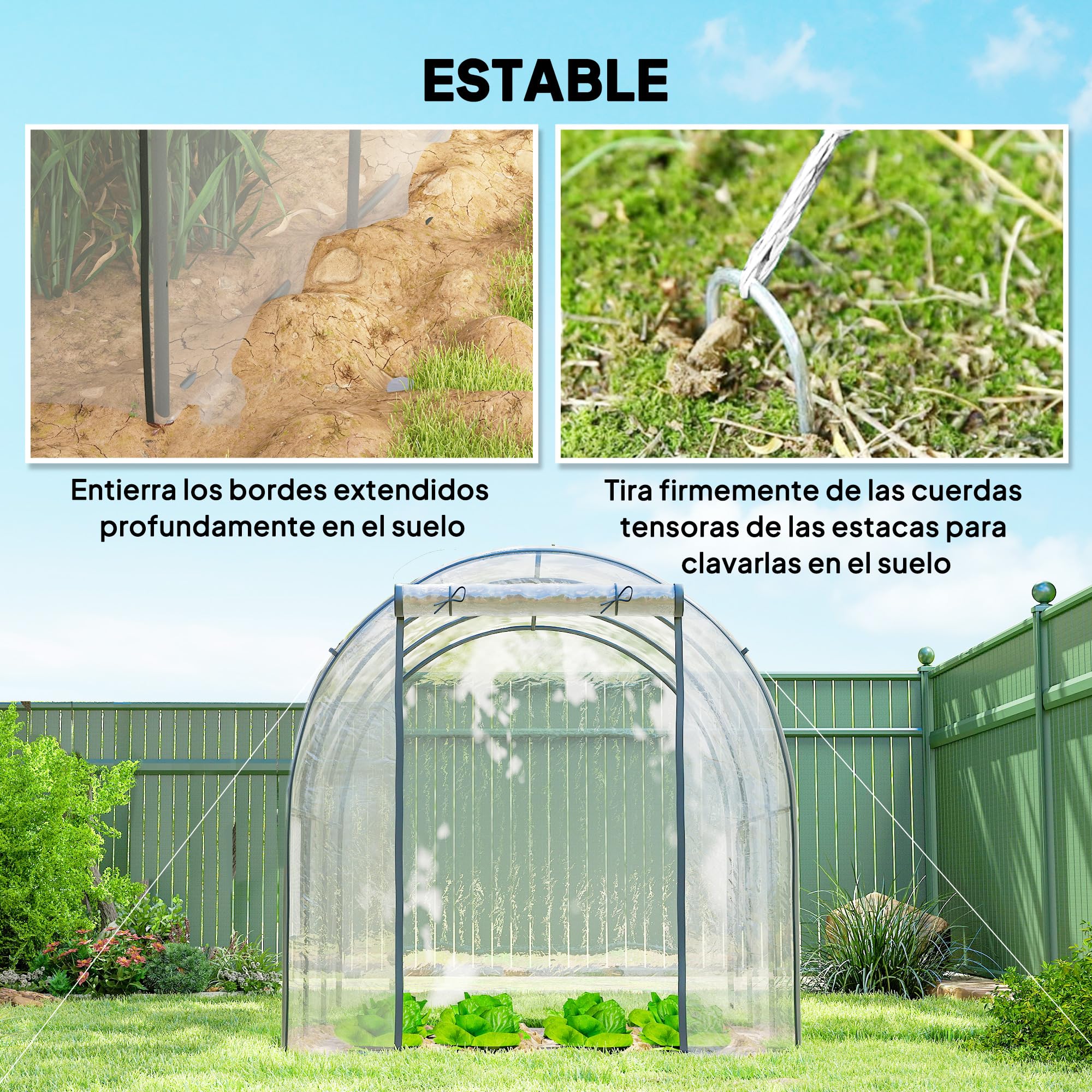 Outsunny Invernadero de Exterior 3x2x2 m 2 Ventanas de Malla Transparente | Invernadero de Túnel, Puerta Enrollable, Cubierta de Plástico, Marco de Acero, Anti-UV, para Cultivos Plantas Flores