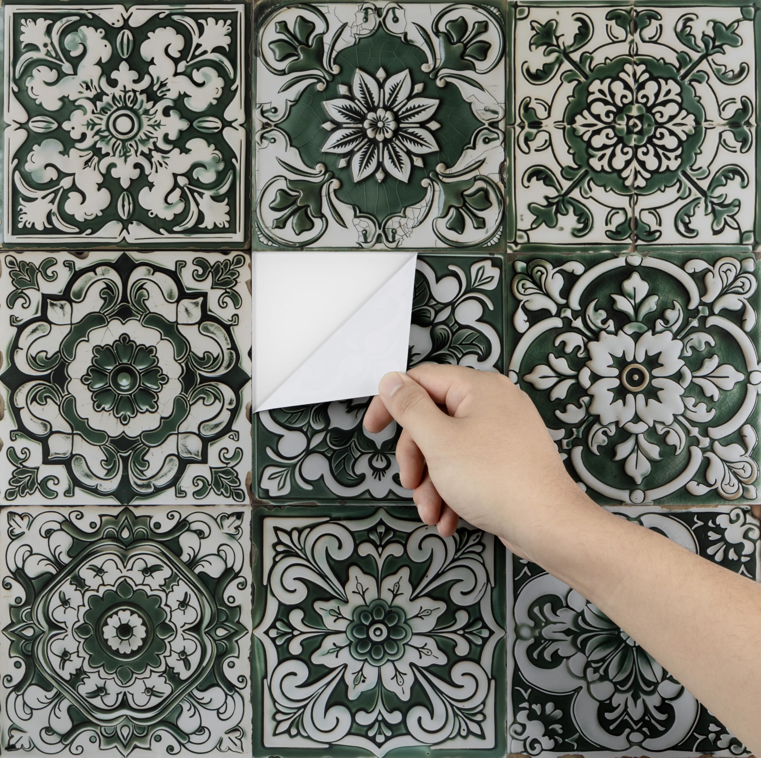 Hode Selbstklebende Fliesen Fliesenaufkleber - Klebefliesen Bad Küche 15x15 Vintage Grün- Klebefolie Kueche Badezimmer Wand Fliesenwand Aufkleber - Fliesenfolie Wandfliesen Selbstklebend 50 Pcs