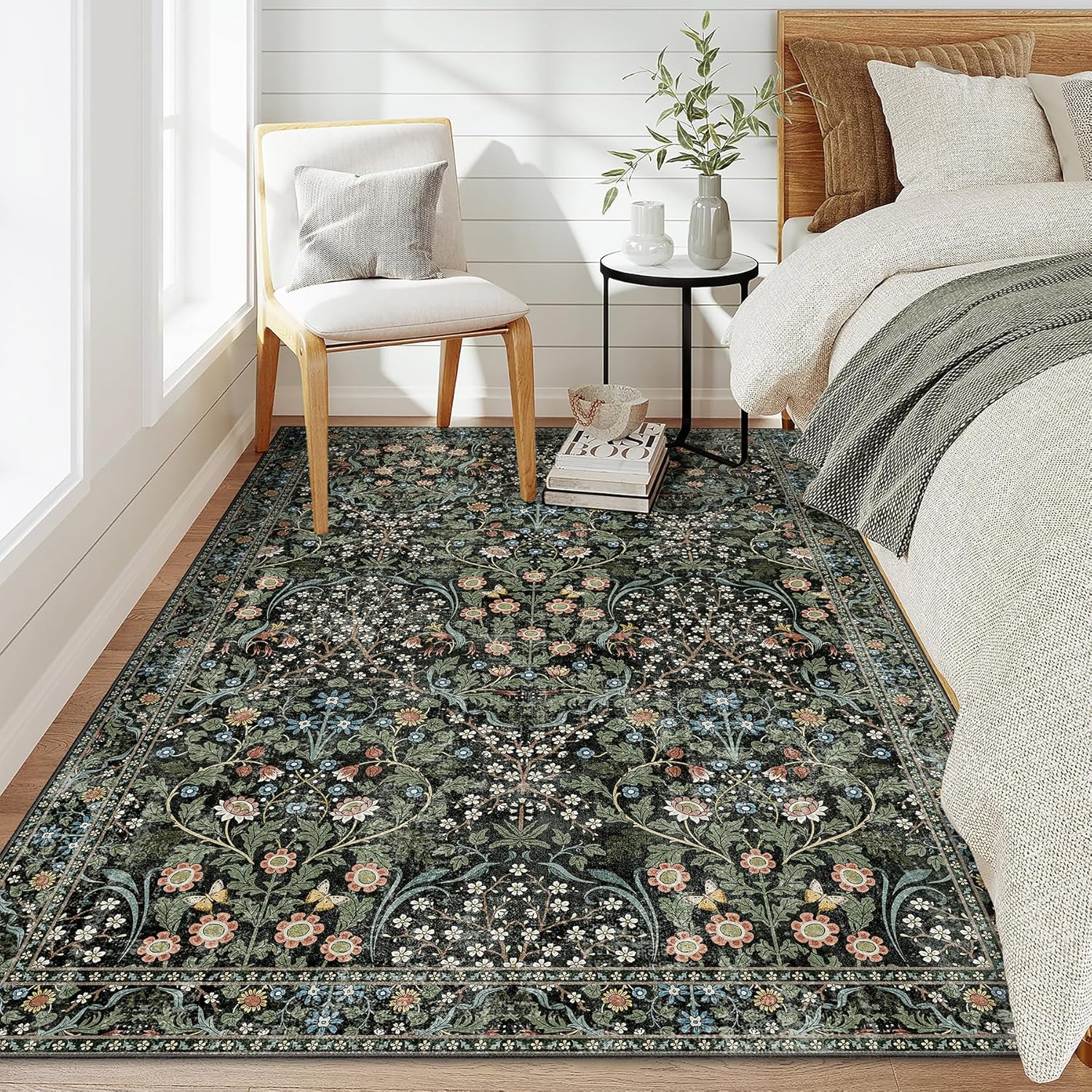 MUJOO 3x5 Rug Washable,Floral Area Rug for Bedroom Office Entryway Living Room Bedside,Small Throw Carpet Boho Non Slip Indoor Floor Botanical Vintage Ultra-Thin Black and Green - Image 3