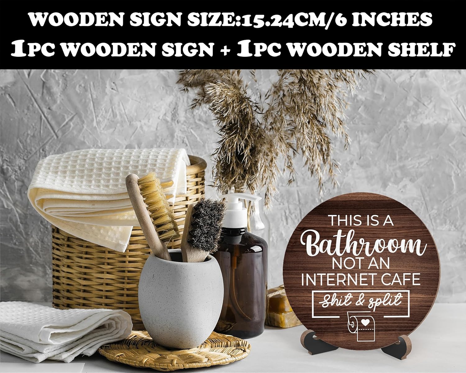 Rustic Bathroom Decor - Funny Round Sign With Stand 'This Is A Bathroom Not An Internet Cafe' - Farmhouse Quote for Toilet, Restroom, Washroom - Home Decor Gifts, A06 - Image 2