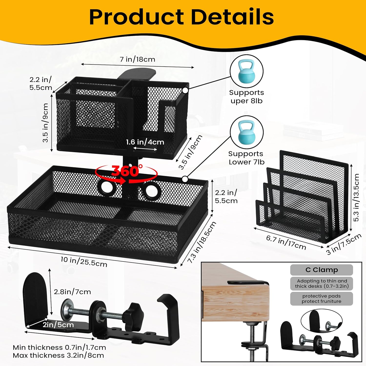 6-in-1 Clamp On Desk Organizer with Cup Holder & 360° Rotating Under Desk Drawer, Swappable Parts, Easy to Install Standing Desk Drawer Attachment, Space-Saving for Home & Office - Image 6