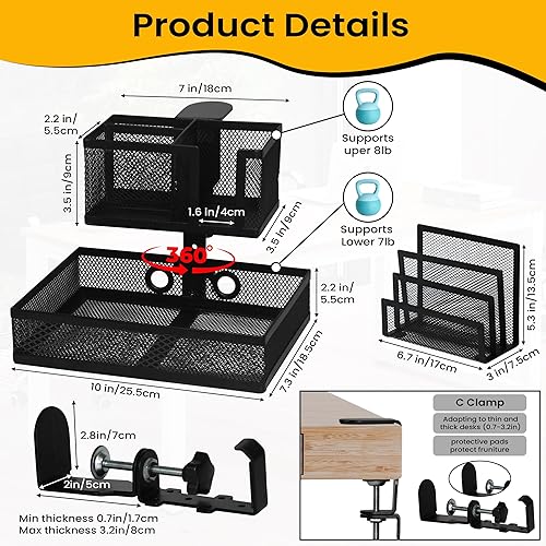 Miniatura 6 de Abrazadera de cajón para debajo del escritorio 6 en 1 con soporte para tazas de mesa, clasificador de correo, accesorios de escritorio rodante,