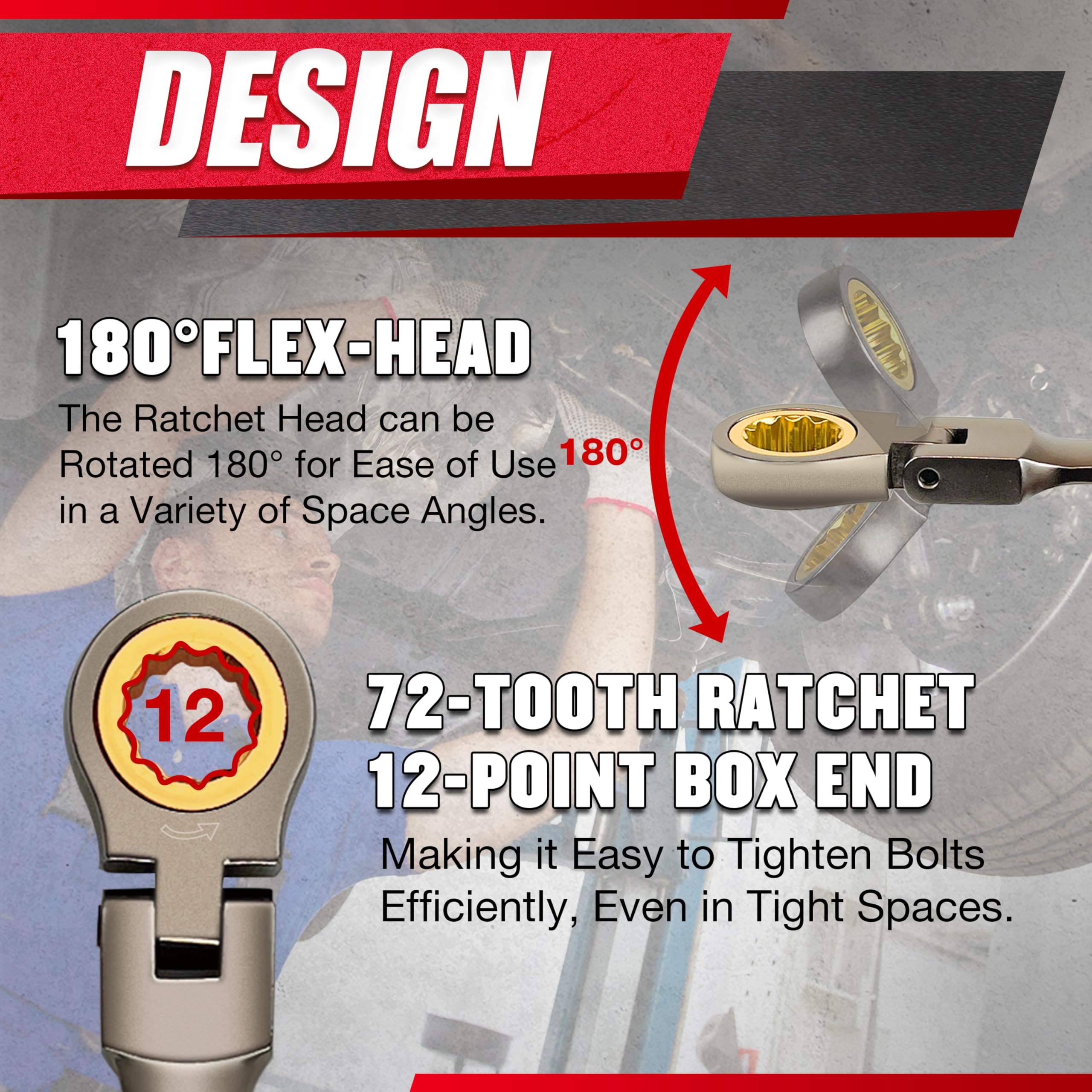 EACELIY Juego de llaves de trinquete Flex-Head, combinación de trinquete métrico de 12 piezas de 180°