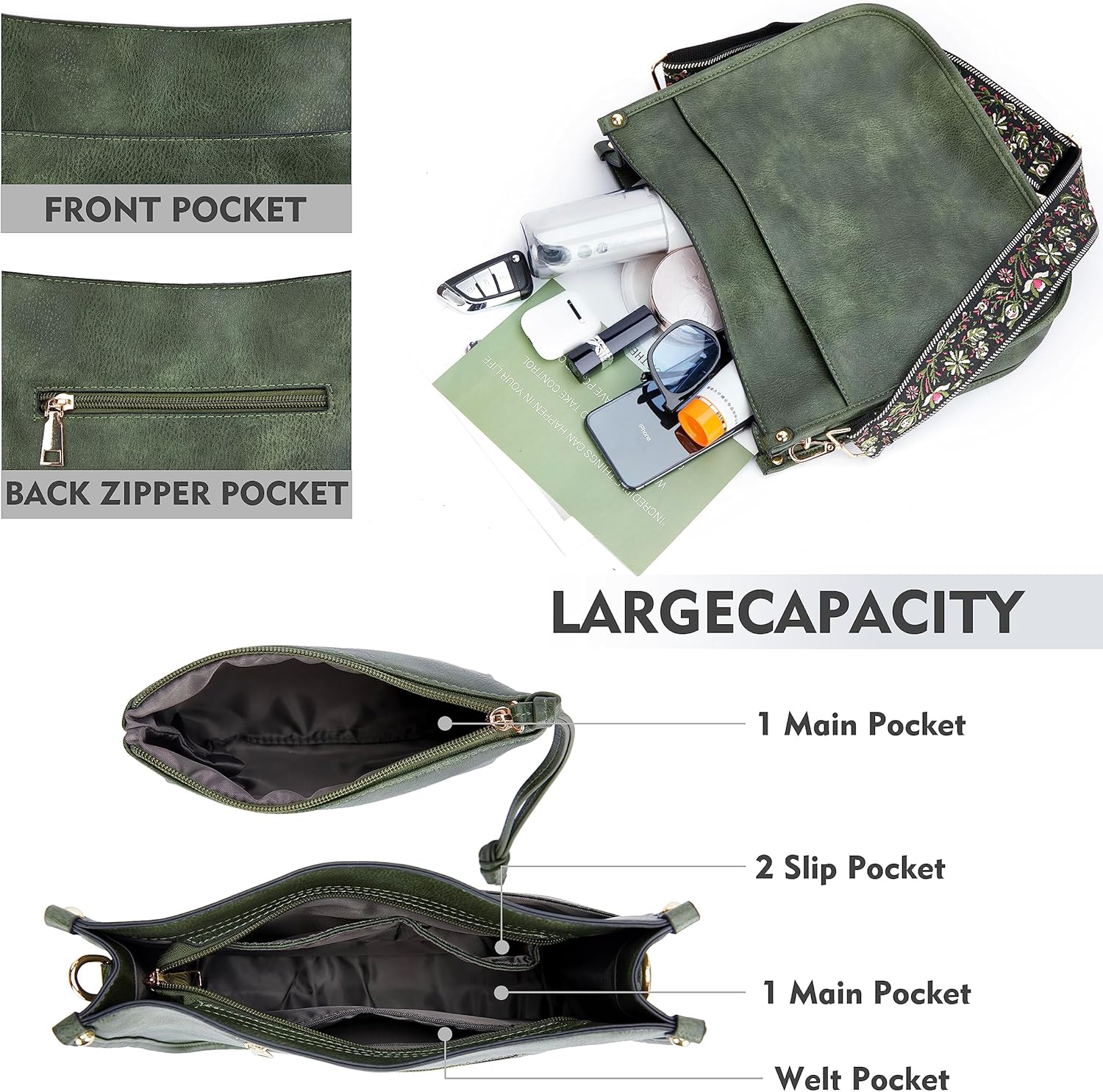 Crossbody Purses for Women Trendy - Vegan Leather Shoulder Bag Designer Hobo Handbags with 2 Wide Straps - Image 6