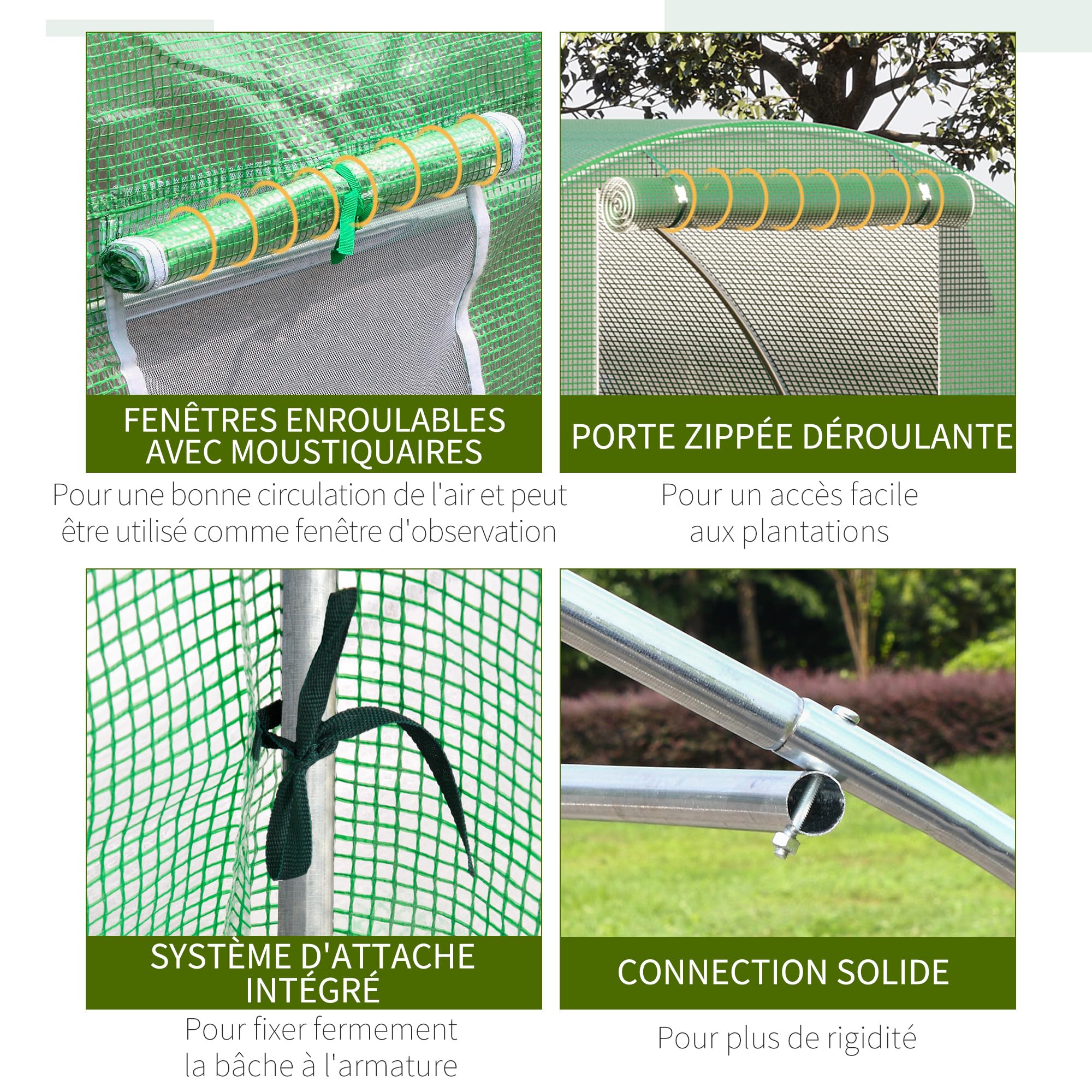 Outsunny Serre de Jardin Tunnel 13,5 m² dim. 4,5L x 3l x 2H m - 6 fenêtres, Porte zippée Enroulable - châssis Tubulaire Acier galvanisé, bâche PE Haute densité Vert