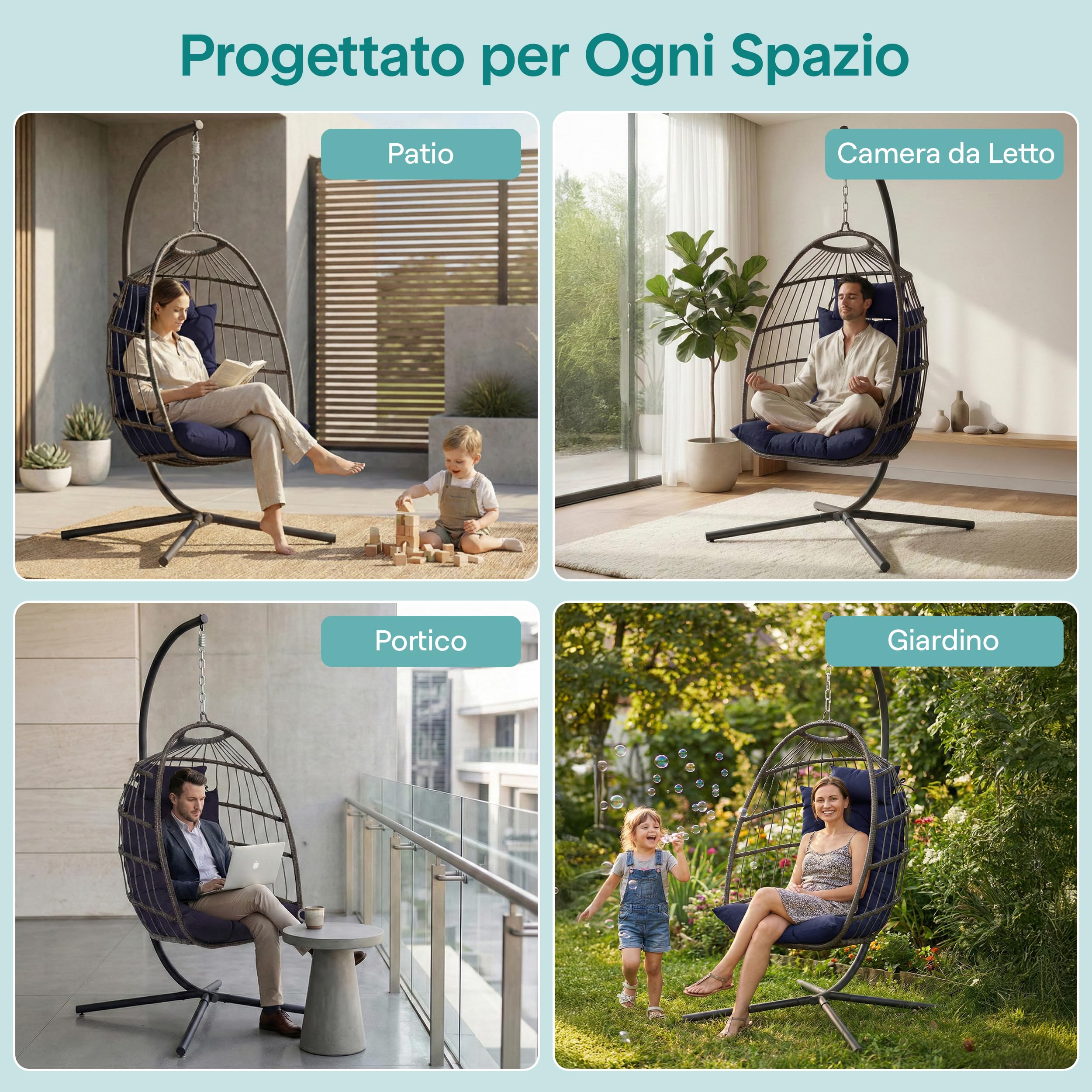 SereneLife Sedia a Dondolo a Uovo con Supporto, Capacità Fino a 250 Kg, Sedia Sospesa Poltrona a Dondolo in Rattan con Struttura in Acciaio Verniciato a Polvere per Casa e Giardino con Cuscino