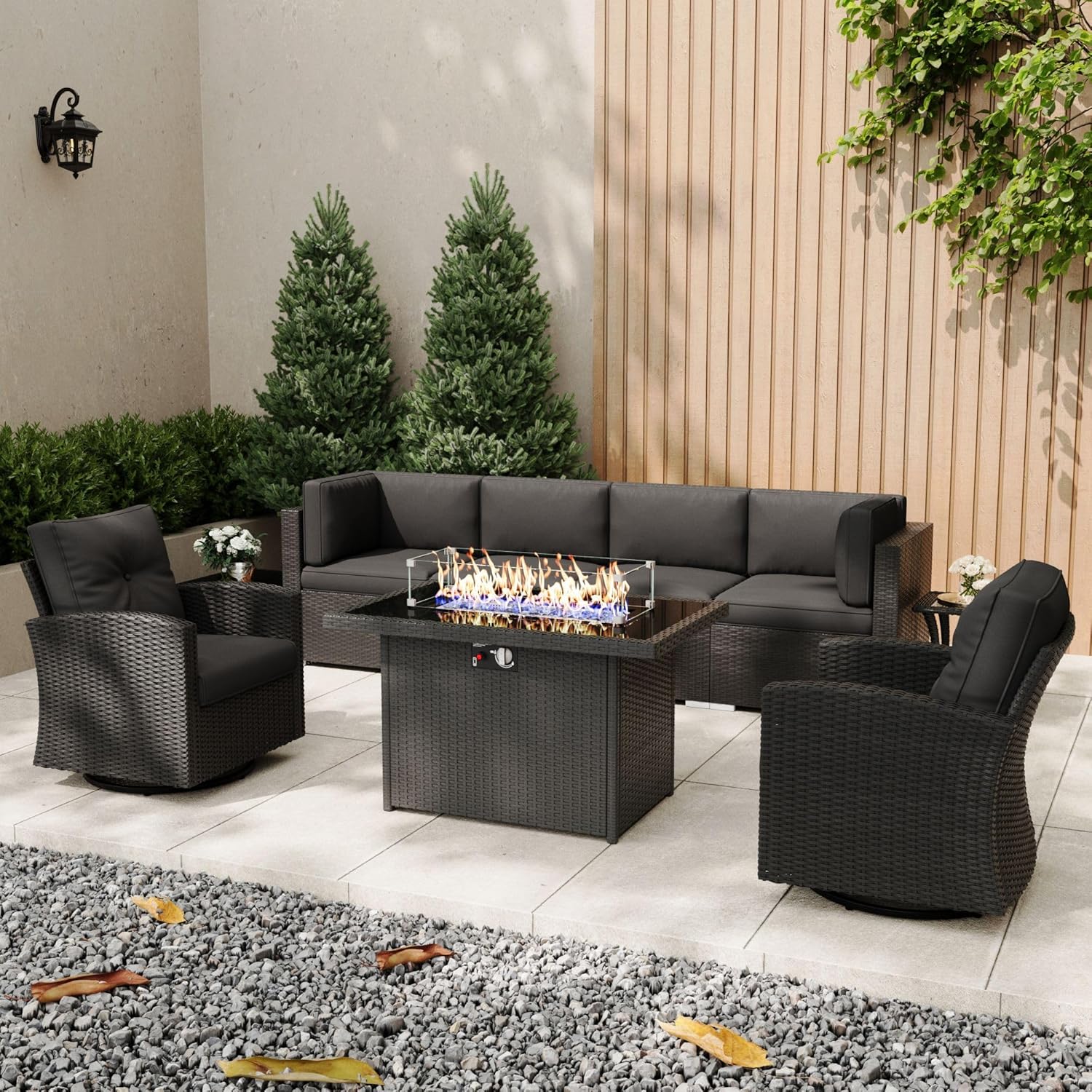 Patio Furniture Set with Fire Pit Table, 9 Pieces Outdoor All-Weather Wicker Conversation Sectional Chair Sofa Set with 2 Swivel Chairs