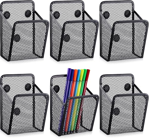 Paquete de 6 soportes magnéticos para lápices de metal, cesta magnética de malla, soporte magnético negro, organizador de escritorio para el