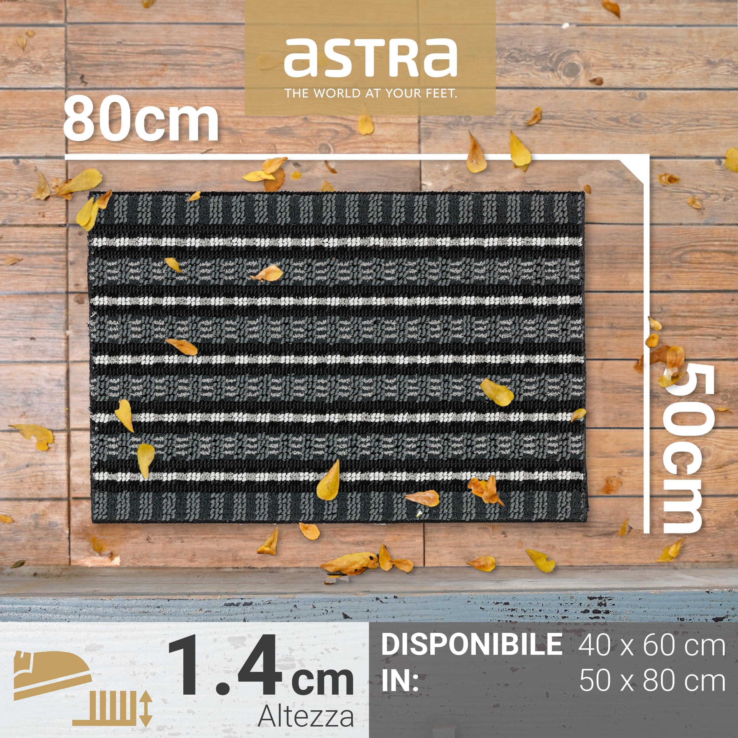Astra Zerbino robusto con effetto spazzolato - Nero/Argento 50 x 80 cm - Zerbino da esterno con struttura a scanalature per la porta d'ingresso