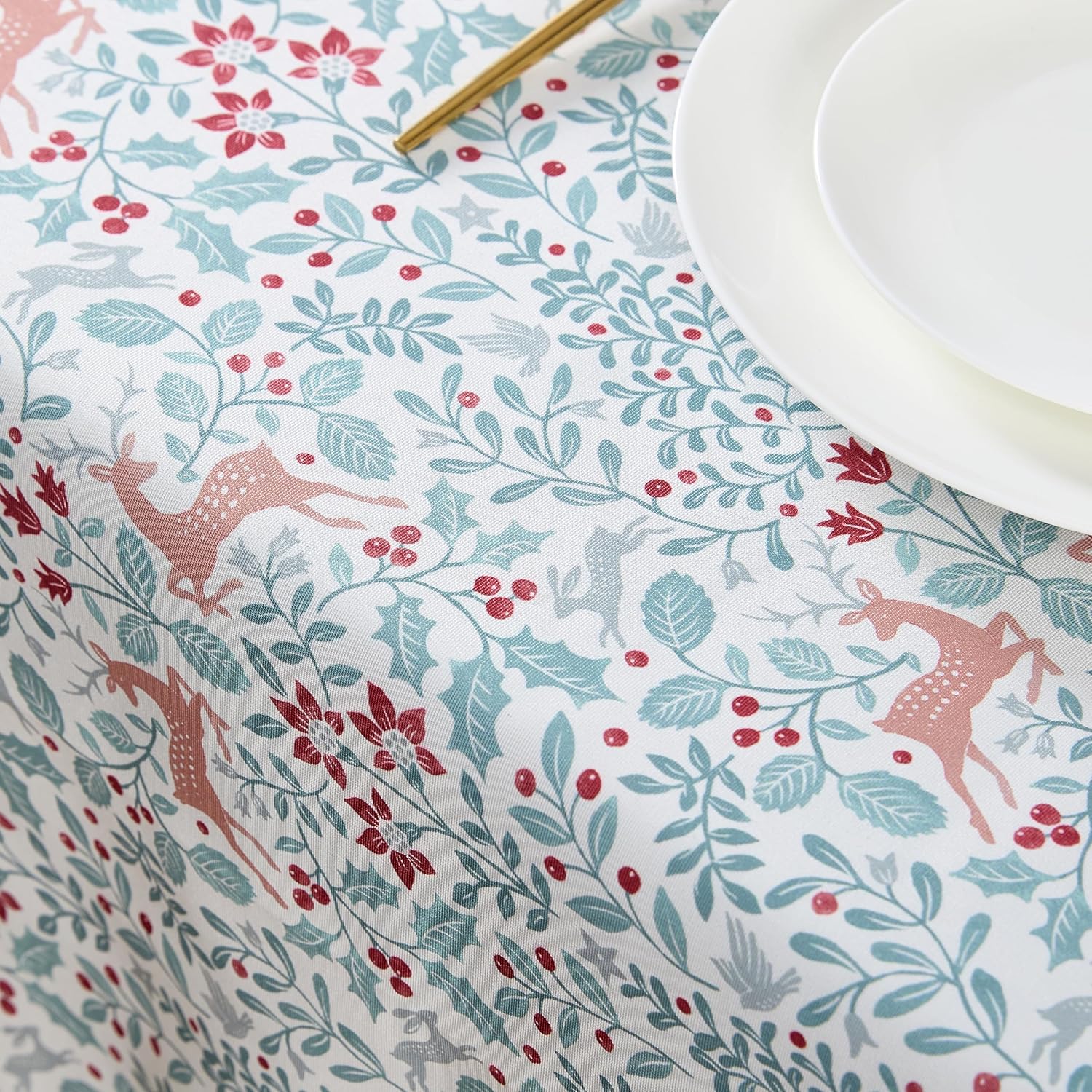 Laura Ashley Decorative Tablecloth, Wrinkle and Stain Resistant, Spillproof Water Repellent, Easy Care Washable Polyester Fabric for Dining, Kitchen, Holiday and Party, 60" x 84", Reindeer Prance