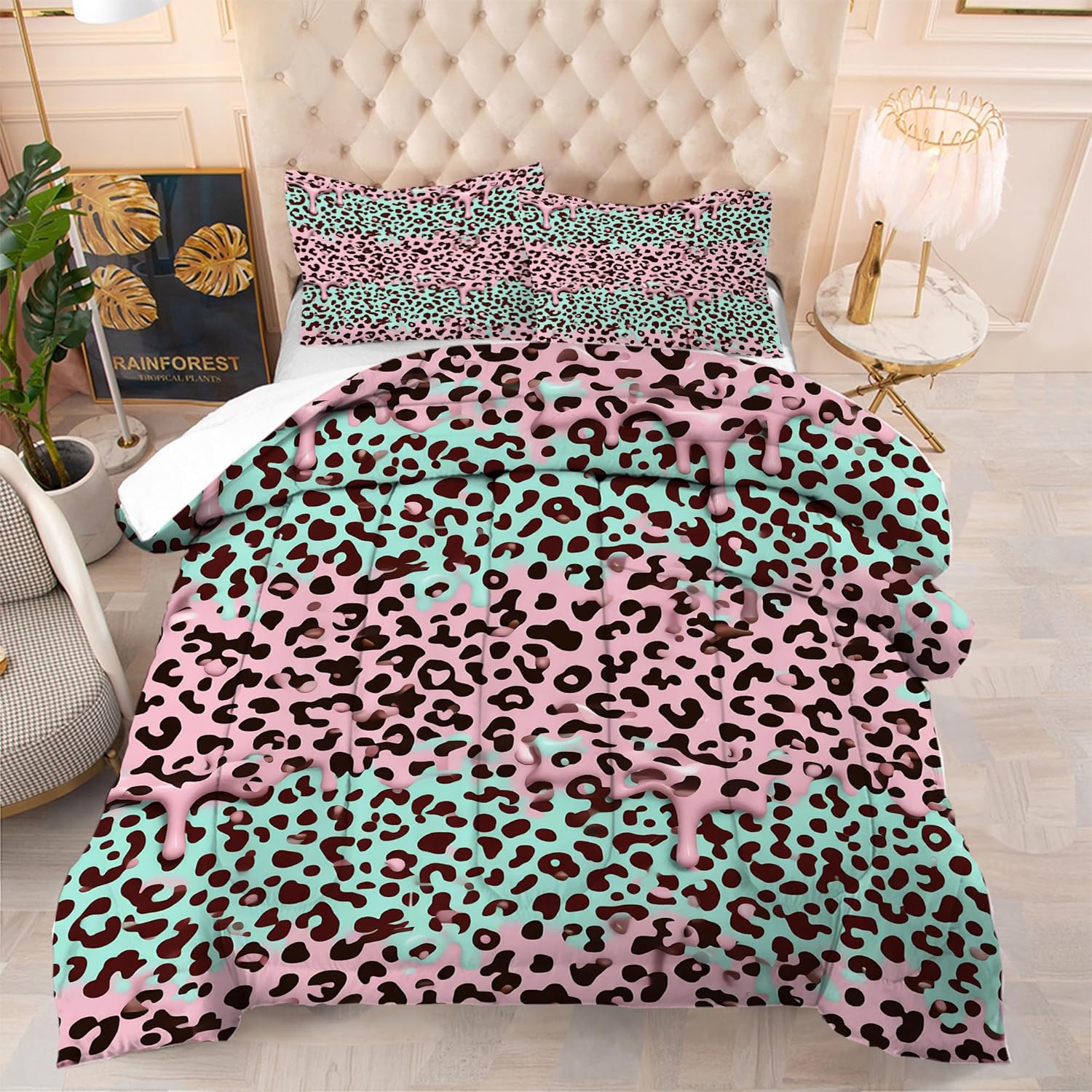 Leopard Print Comforter Set Queen Size Cheetah Bedding Set for Girls Kids Teens Adults Pink Green Quilt Duvet Soft and Breathable Abstract Animal Print Bed Set, 1 Comforter & 2 Pillowcases