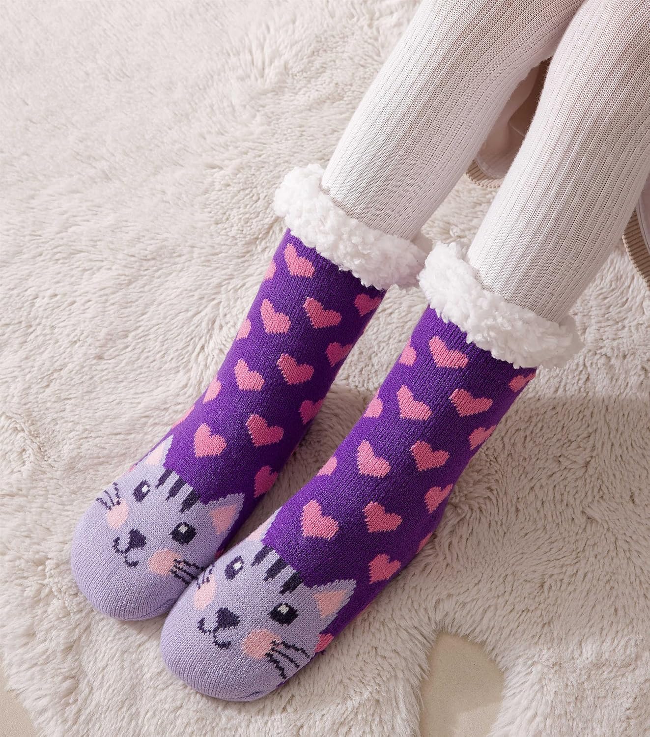 Girls Slipper Socks Non Slip Grips, Cute Animal Kids Warm Thick Thermal Fluffy Plush Winter Kids Home Sleep Socks - Image 2
