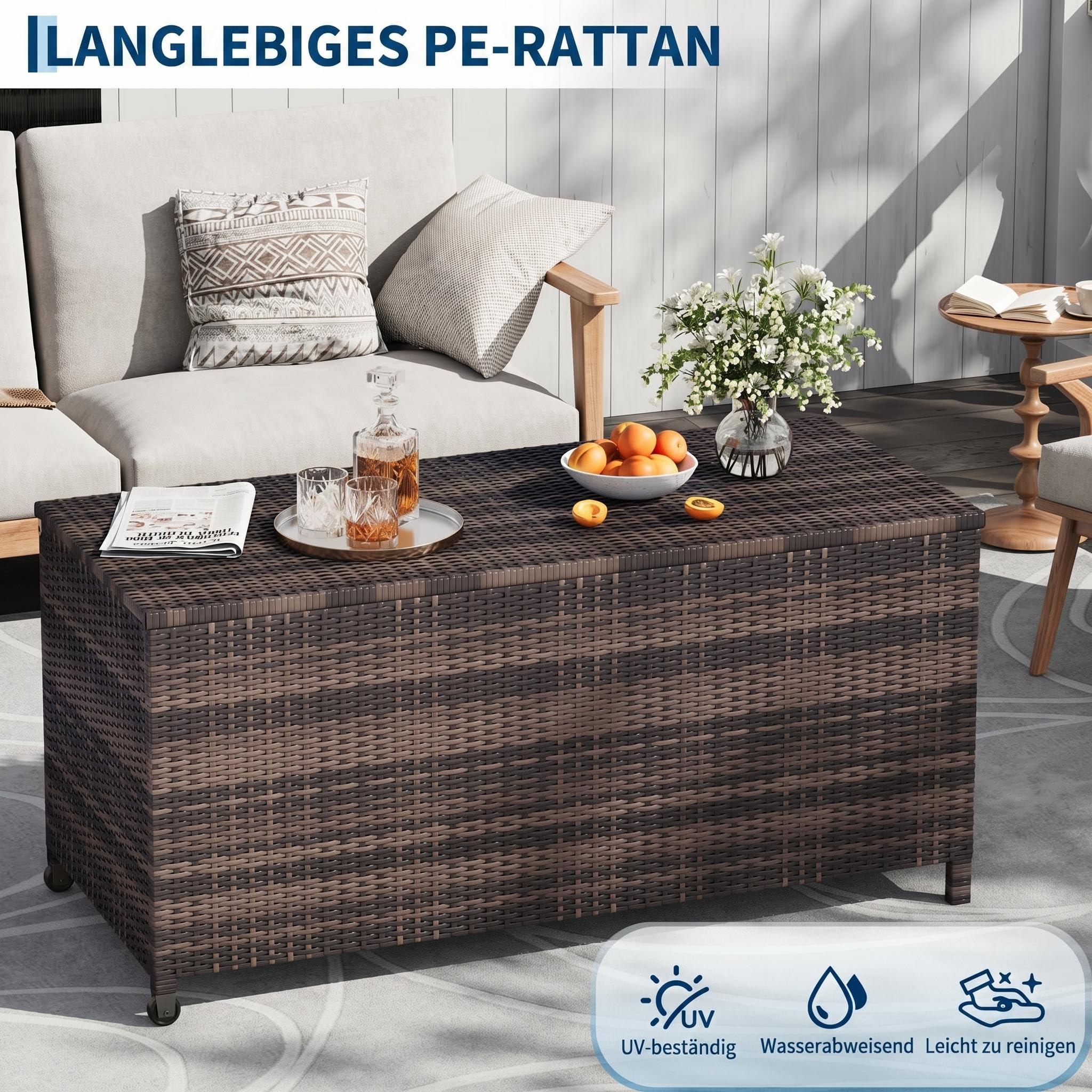Litake 480L Aufbewahrungsbox für den Außenbereich, Große Terrassenbox Polyrattan Gartenbox wetterfest mit Deckel& Zwei Radern, Leicht Bewegen, Kissenbox für Garten/Balkon, 132x 55.5 x 64 cm,Braun